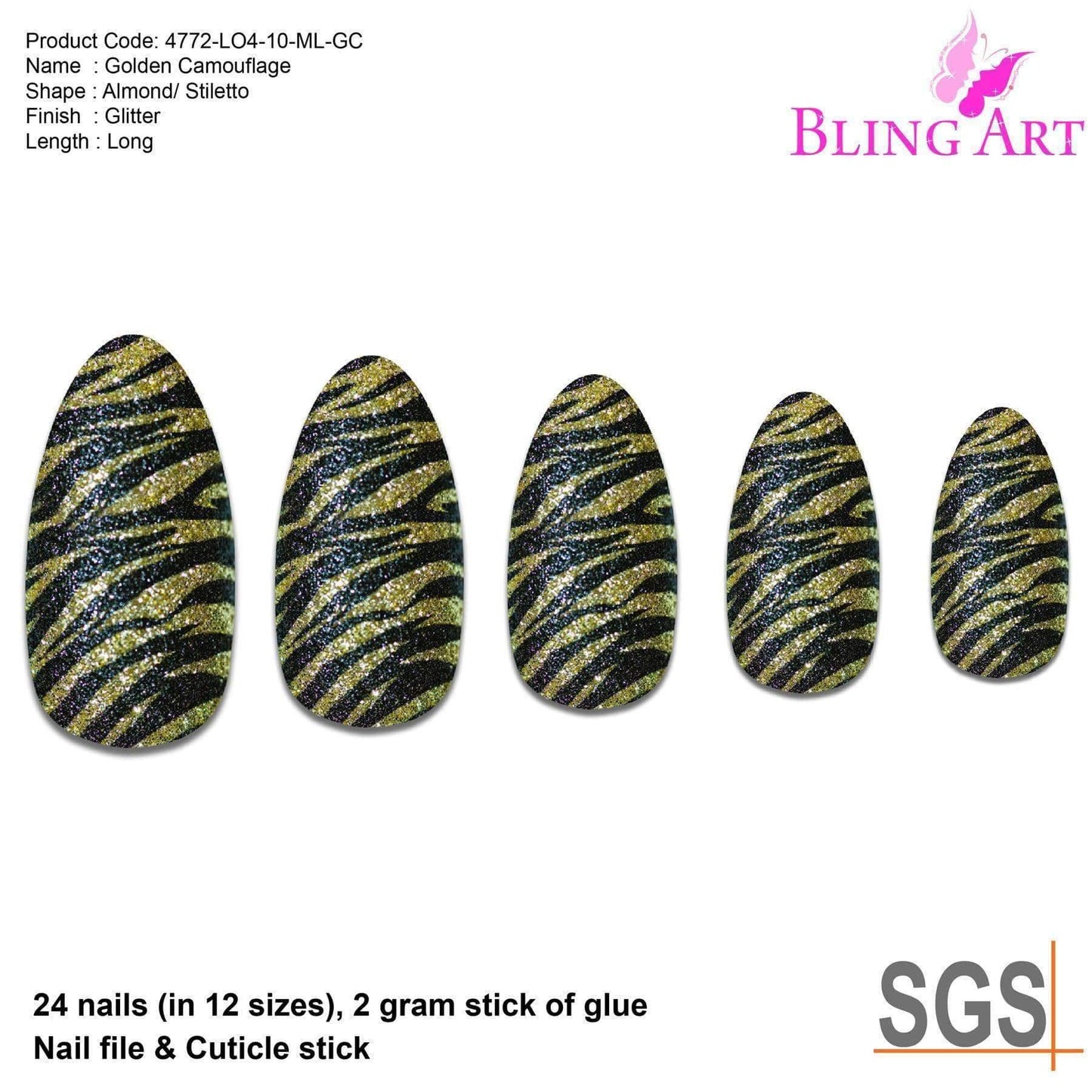 False Nails Bling Art Gold Black Almond Stiletto Long Fake Acrylic