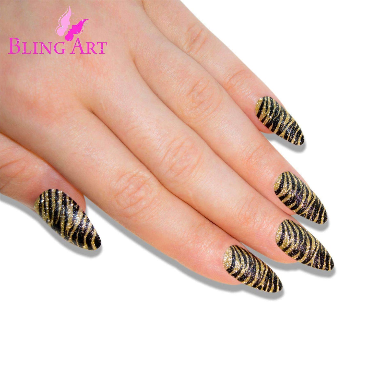 False Nails Bling Art Gold Black Almond Stiletto Long Fake Acrylic