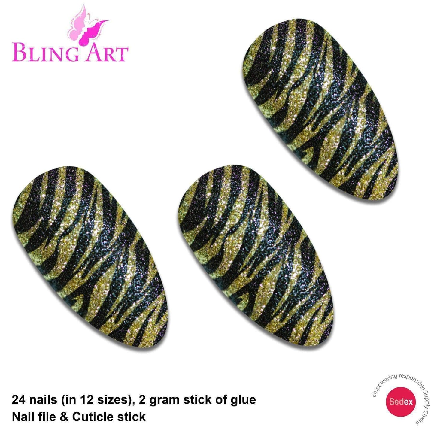 False Nails Bling Art Gold Black Almond Stiletto Long Fake Acrylic