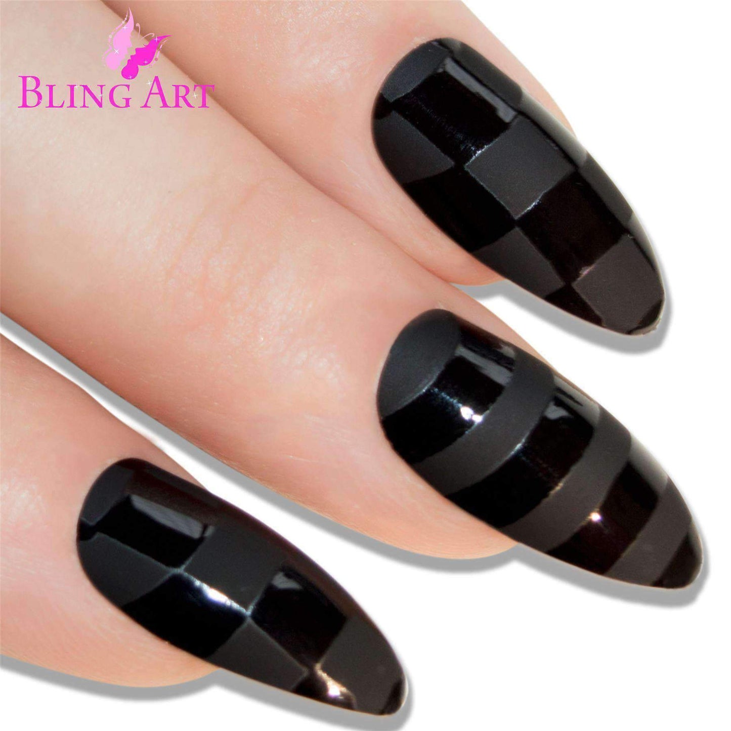 False Nails Bling Art Matte Black Almond Stiletto Long Fake Acrylic