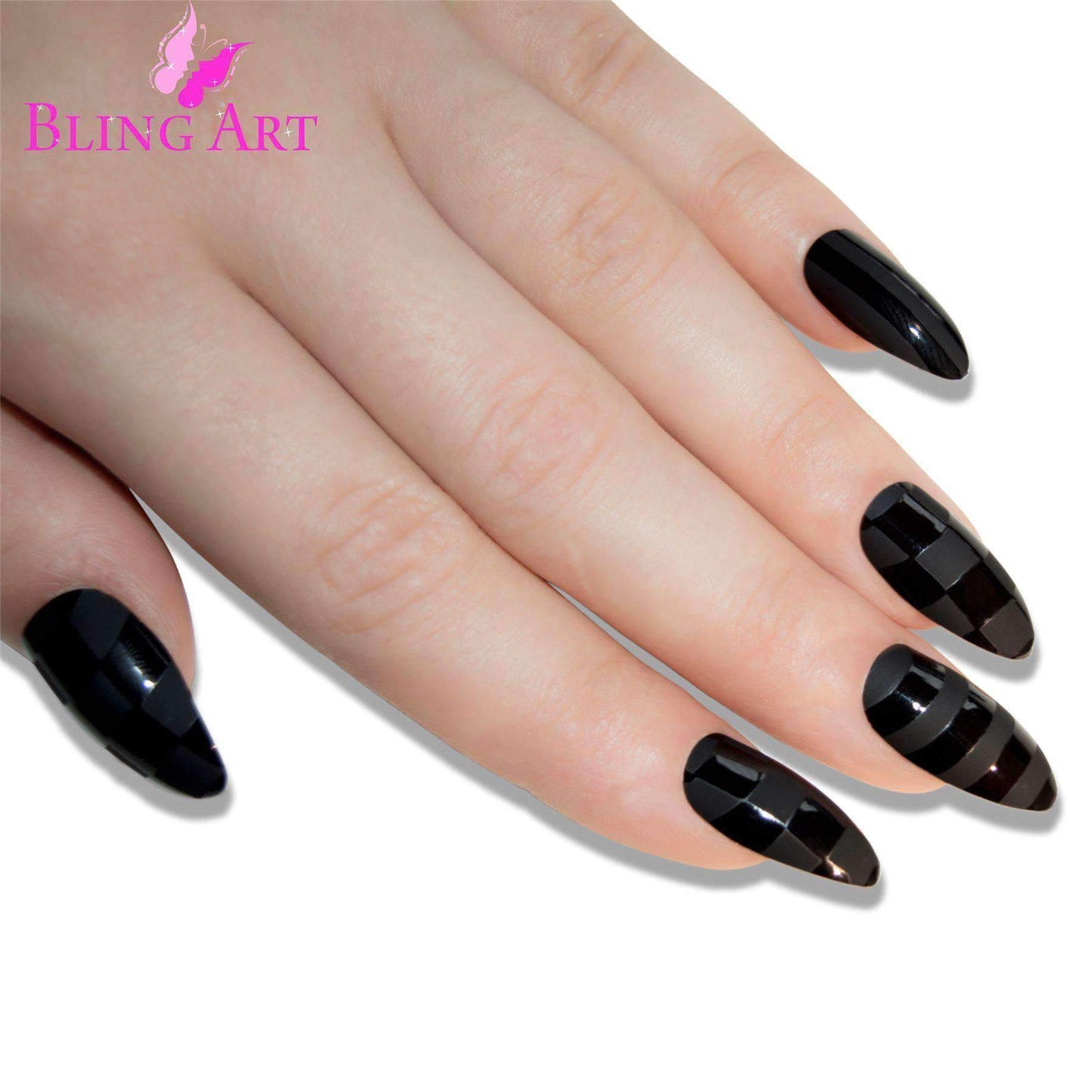 False Nails Bling Art Matte Black Almond Stiletto Long Fake Acrylic