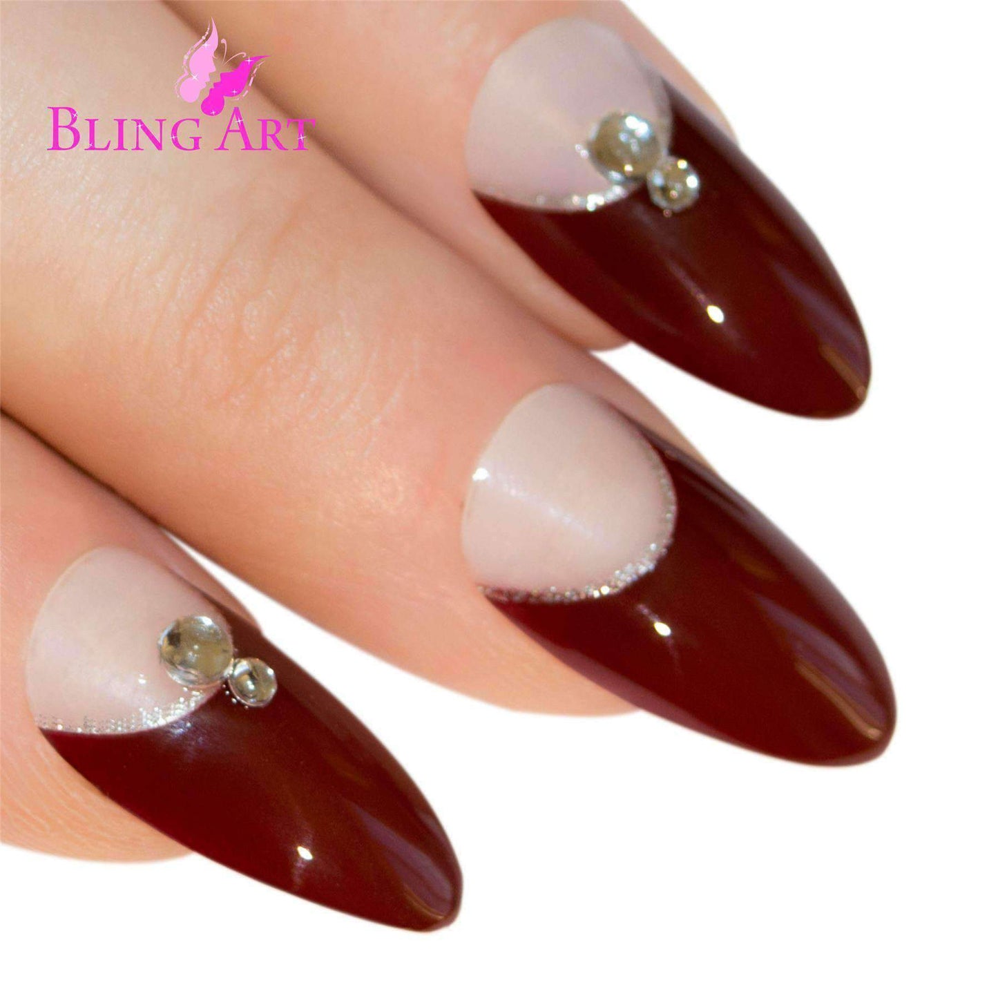 False Nails Bling Art Red Brown Almond Stiletto Long Fake Acrylic Tips