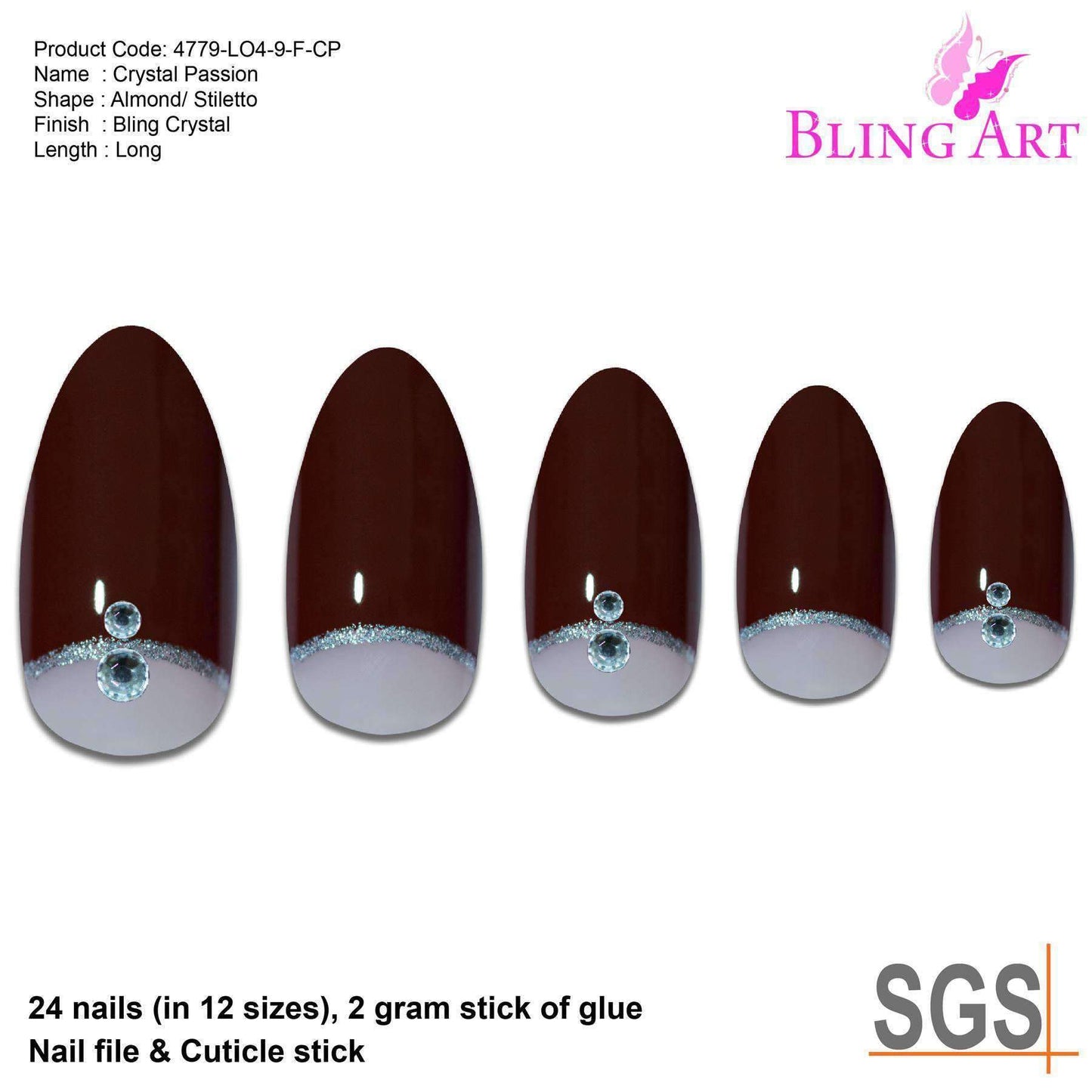 False Nails Bling Art Red Brown Almond Stiletto Long Fake Acrylic Tips