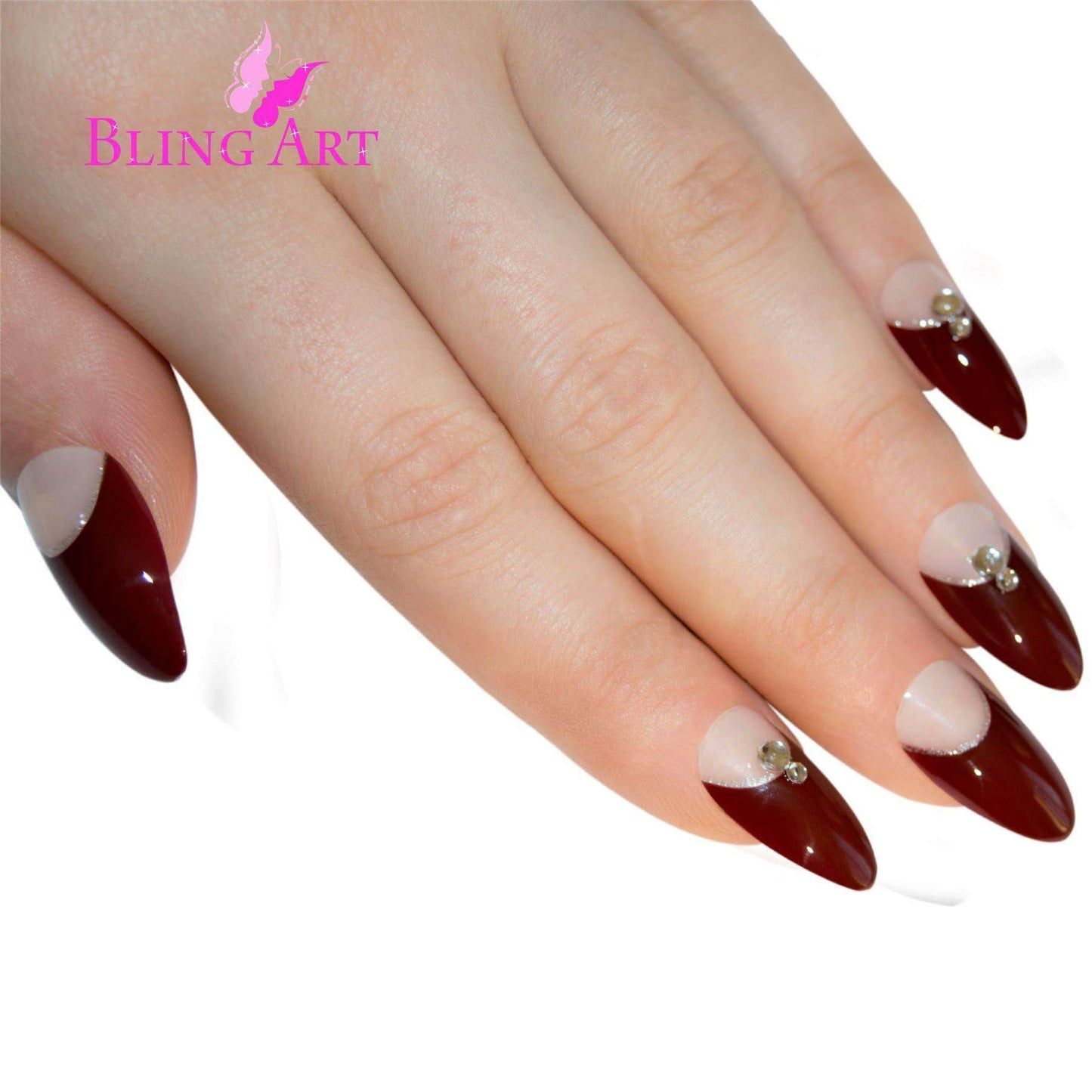 False Nails Bling Art Red Brown Almond Stiletto Long Fake Acrylic Tips