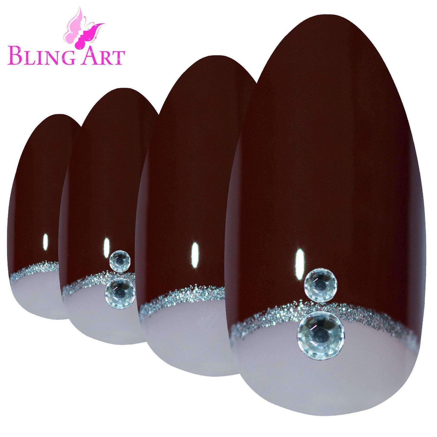 False Nails Bling Art Red Brown Almond Stiletto Long Fake Acrylic Tips