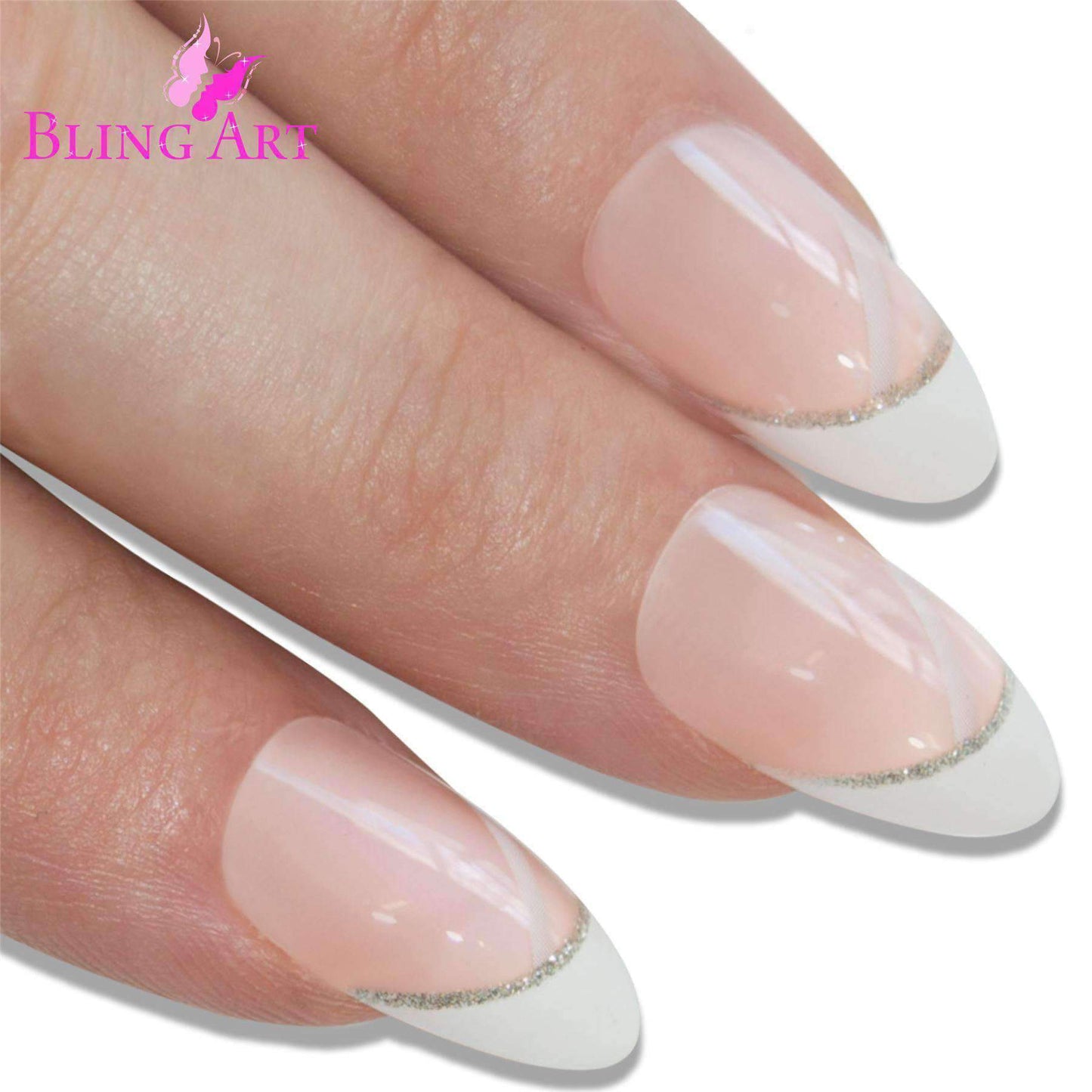 False Nails Bling Art White Glitter Almond Stiletto Long Fake Acrylic