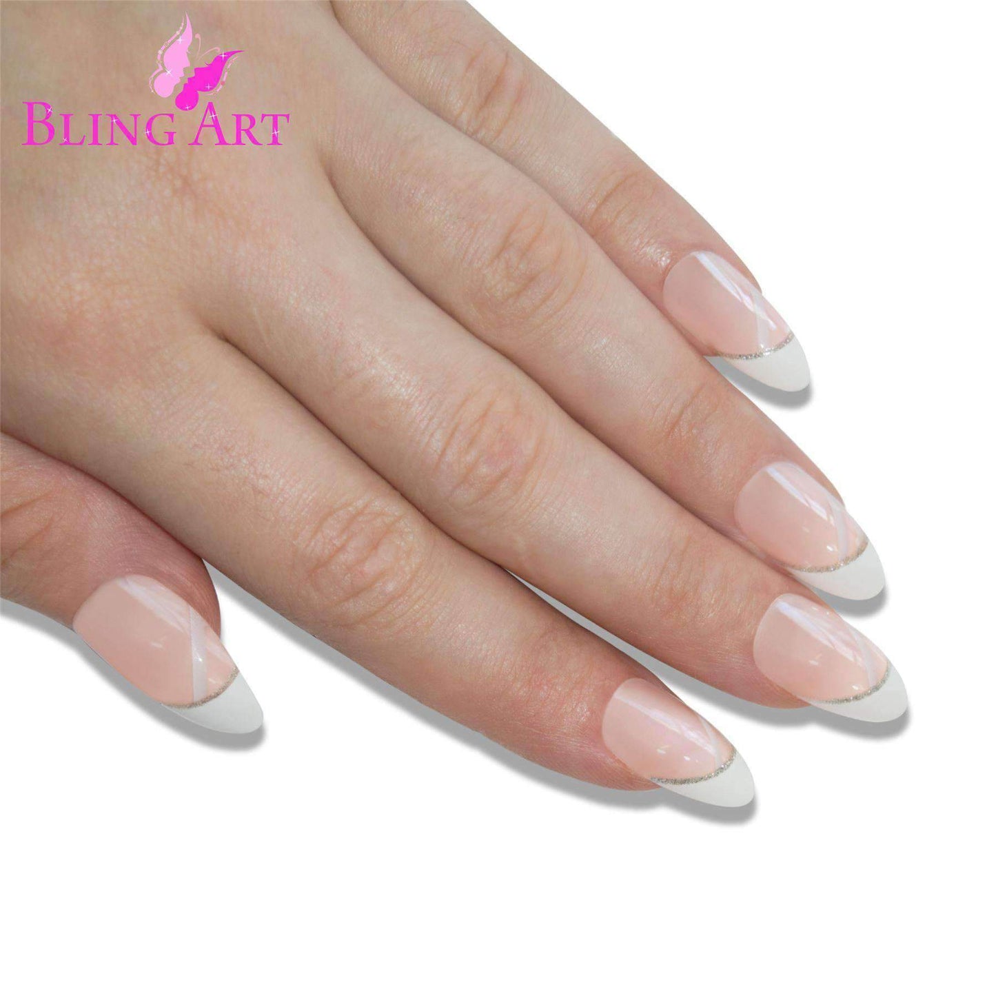 False Nails Bling Art White Glitter Almond Stiletto Long Fake Acrylic