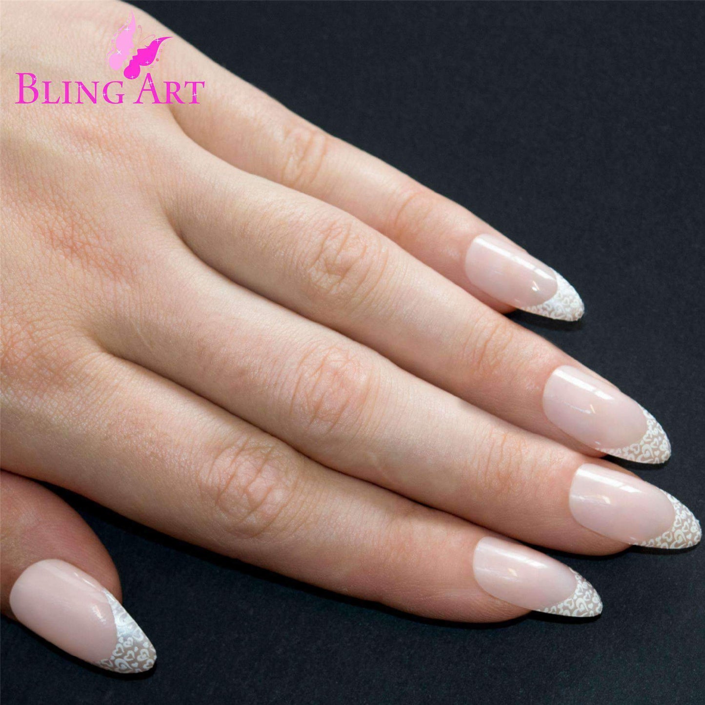 False Nails Bling Art White Hearts Almond Stiletto Long Fake Acrylic