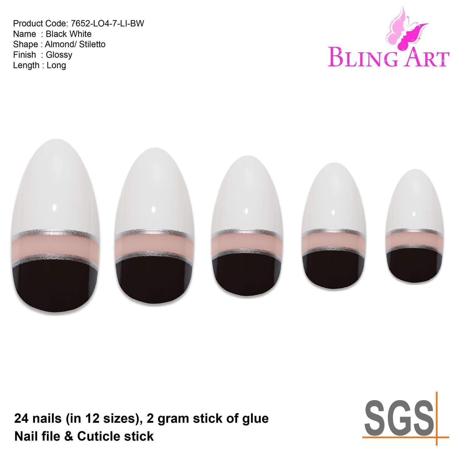 False Nails by Bling Art Black White Glossy Almond Stiletto Acrylic