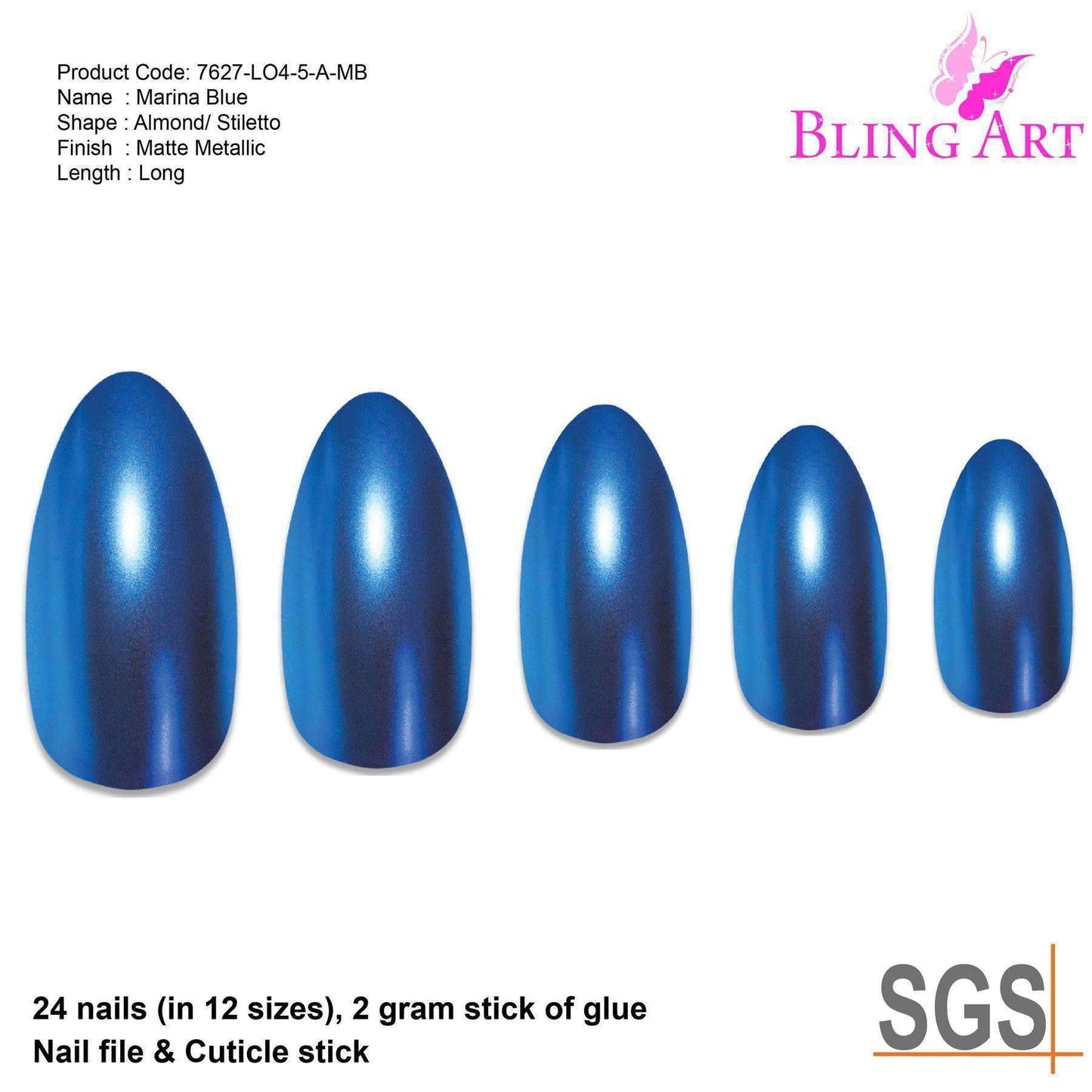 False Nails by Bling Art Blue Matte Metallic Almond Stiletto Fake