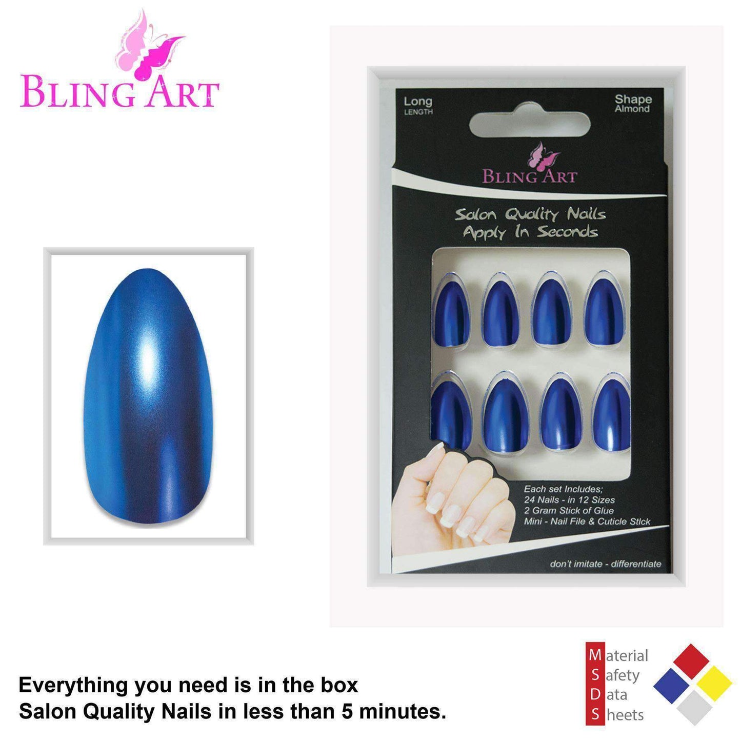 False Nails by Bling Art Blue Matte Metallic Almond Stiletto Fake