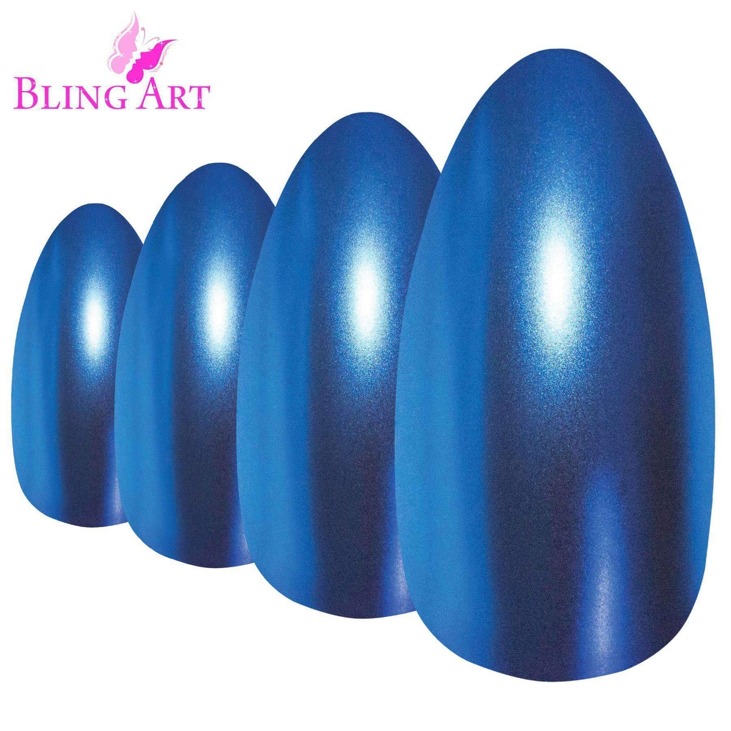 False Nails by Bling Art Blue Matte Metallic Almond Stiletto Fake