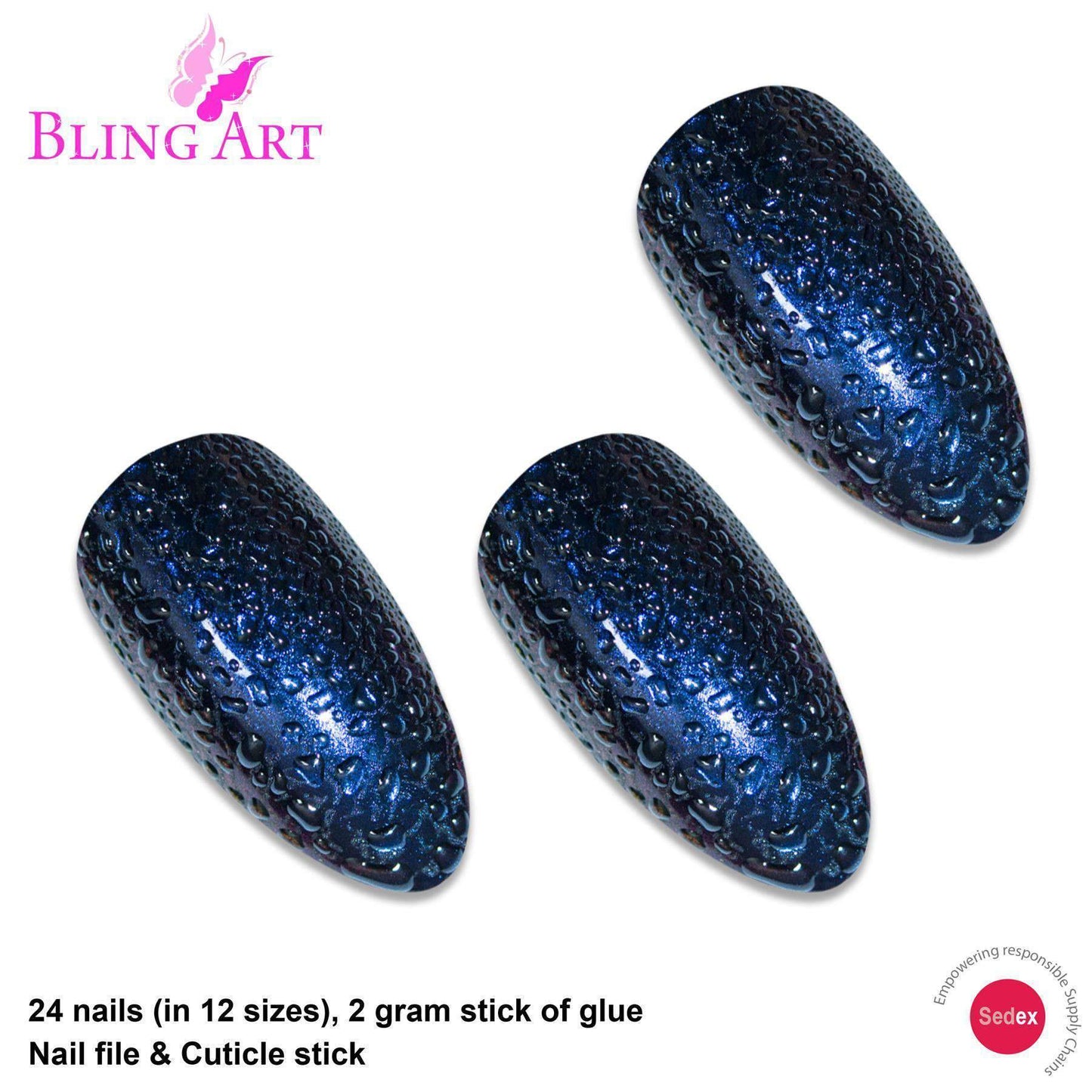 False Nails by Bling Art Blue Purple Water Almond Stiletto Acrylic 24