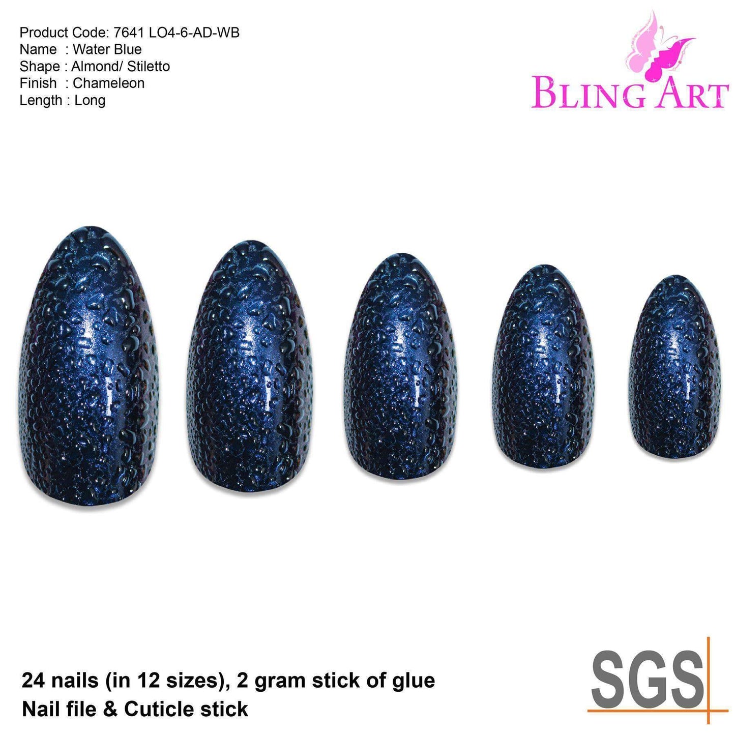 False Nails by Bling Art Blue Purple Water Almond Stiletto Acrylic 24