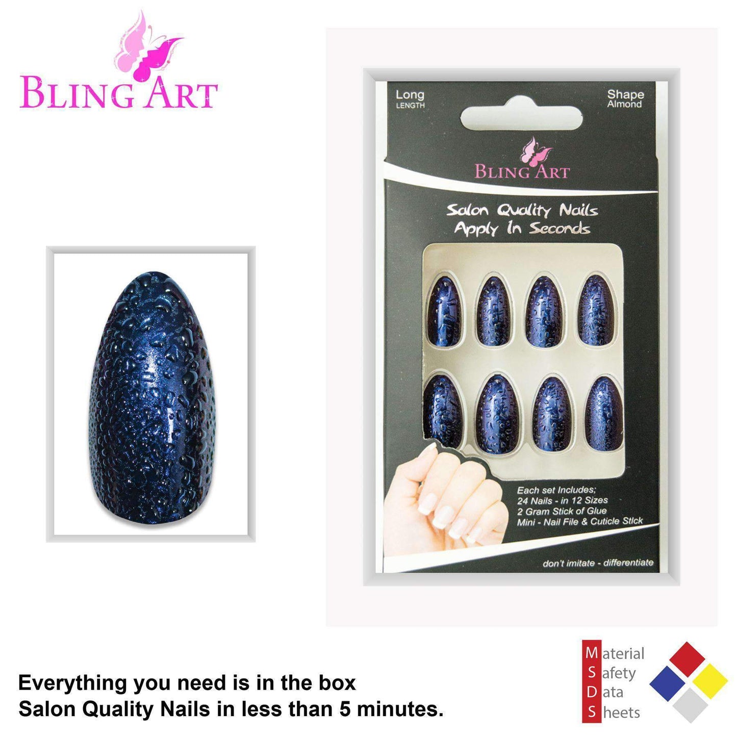 False Nails by Bling Art Blue Purple Water Almond Stiletto Acrylic 24