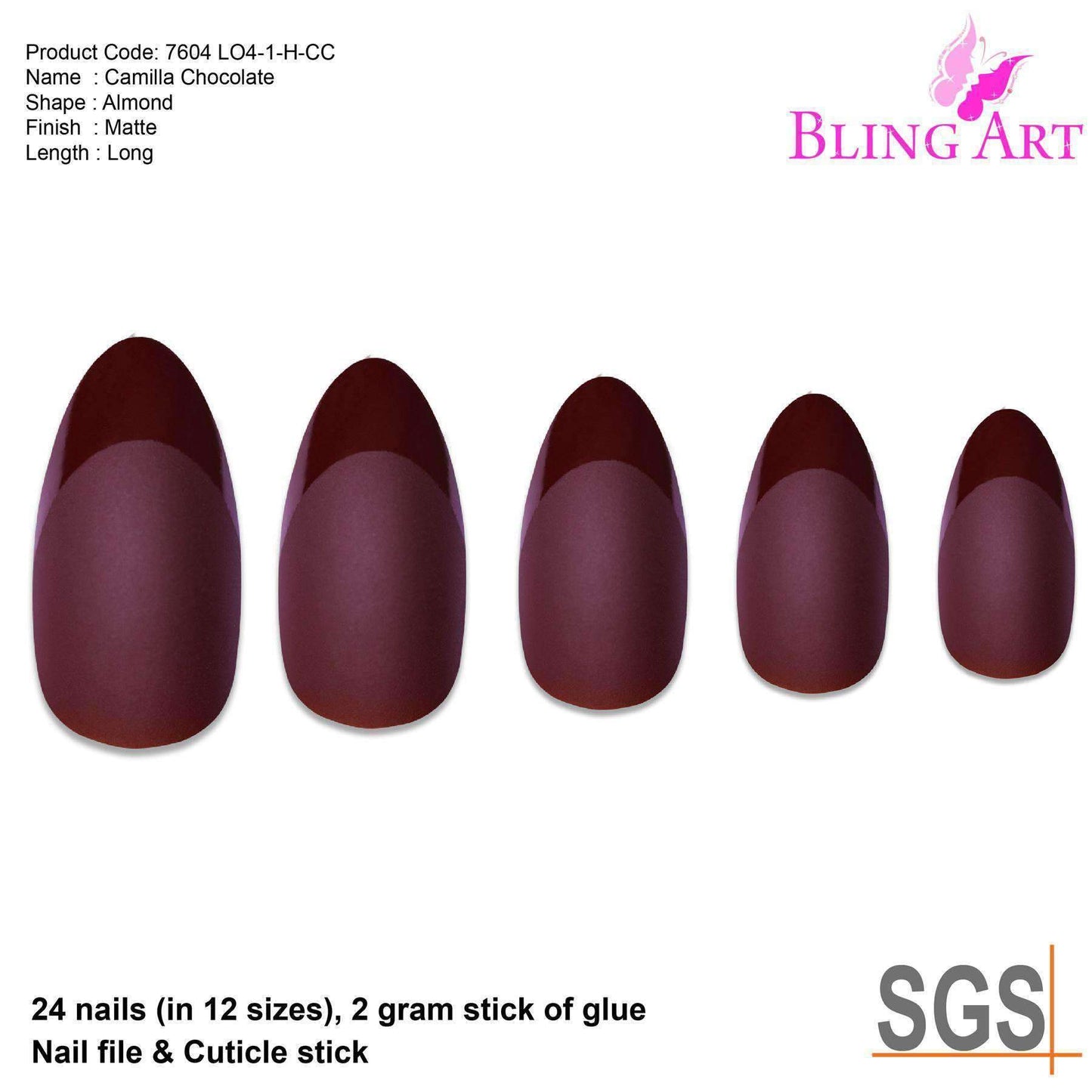 False Nails by Bling Art Brown Matte Almond Stiletto 24 Fake Long