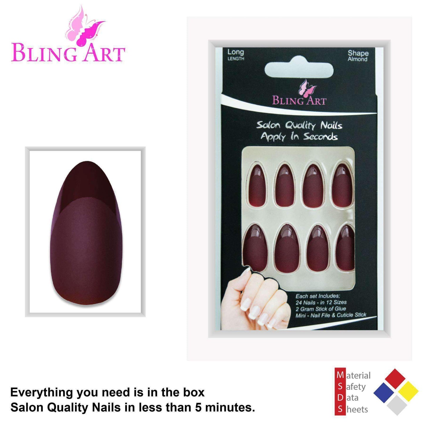 False Nails by Bling Art Brown Matte Almond Stiletto 24 Fake Long