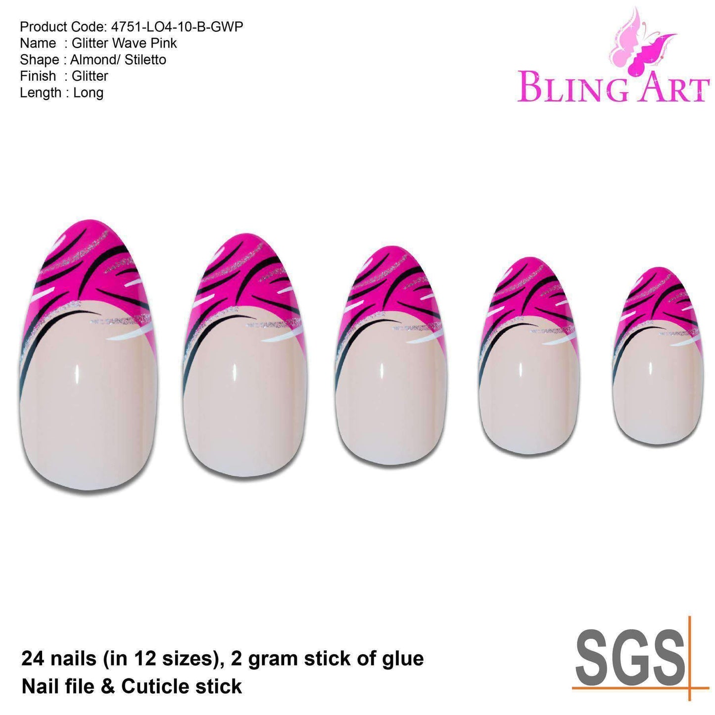 False Nails by Bling Art Glitter Pink 24 Almond Stiletto Long Fake