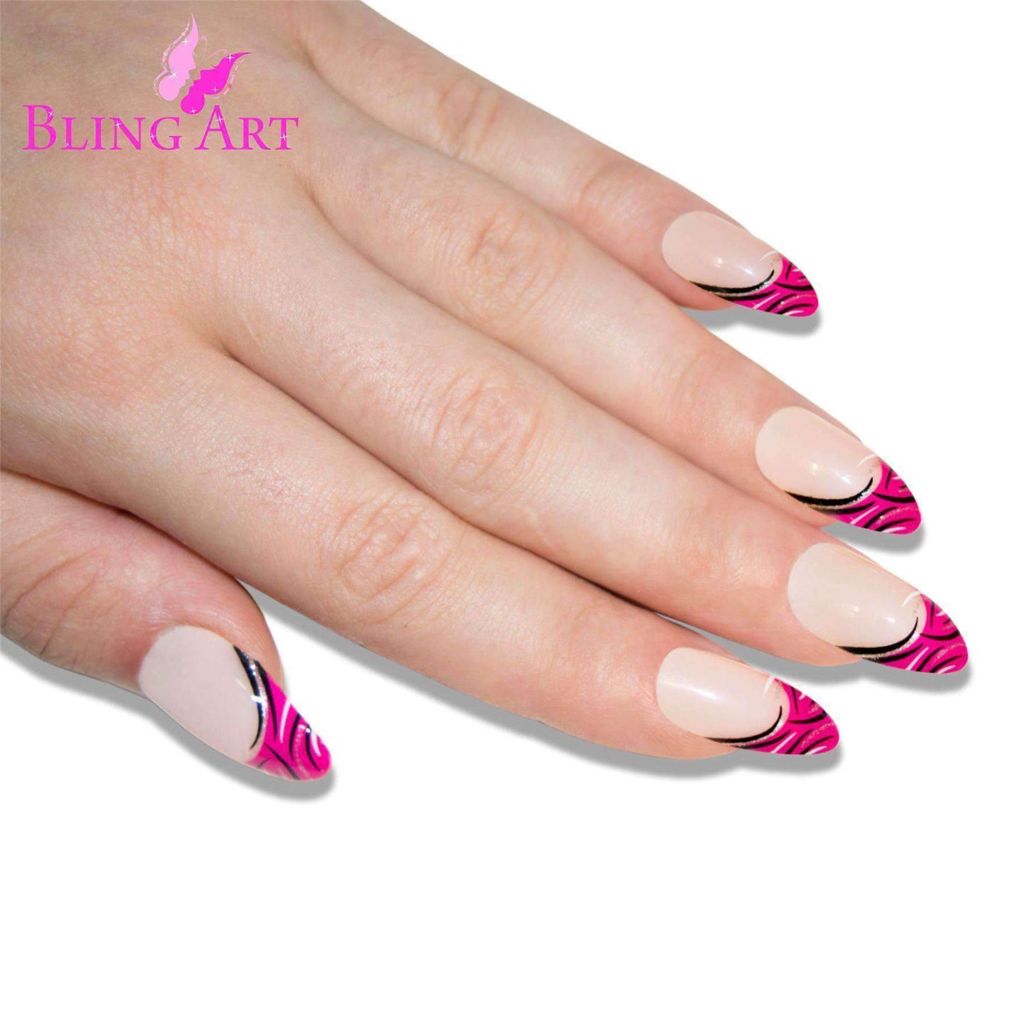 False Nails by Bling Art Glitter Pink 24 Almond Stiletto Long Fake