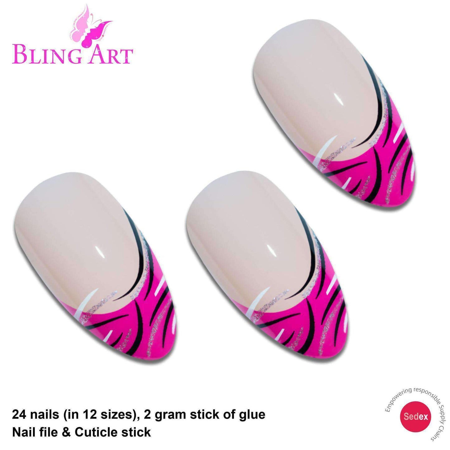 False Nails by Bling Art Glitter Pink 24 Almond Stiletto Long Fake