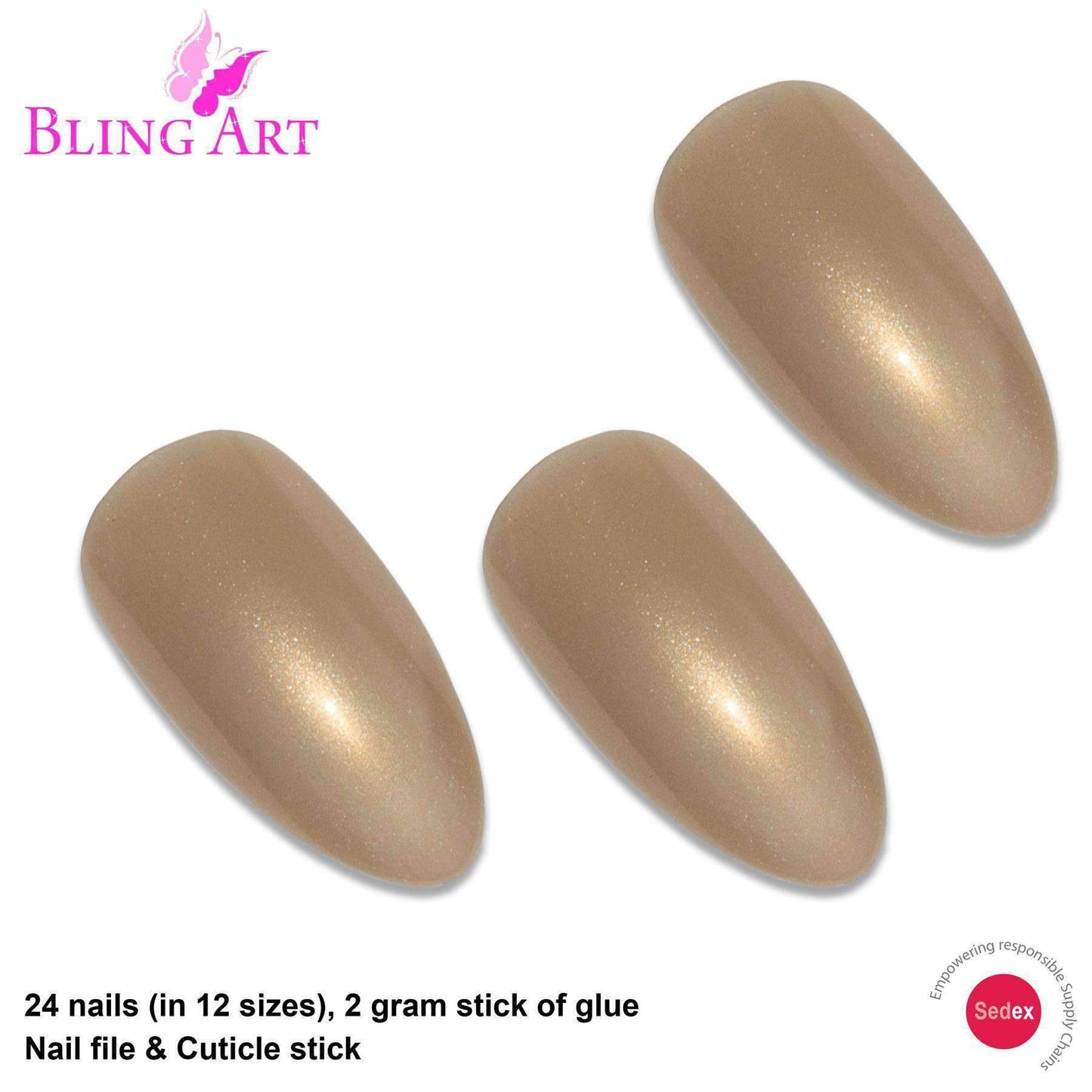 False Nails by Bling Art Gold Glitter Almond Stiletto 24 Fake Long