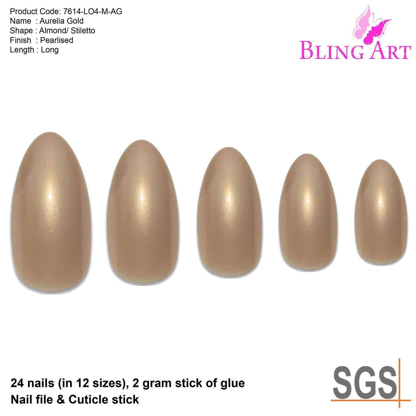 False Nails by Bling Art Gold Glitter Almond Stiletto 24 Fake Long