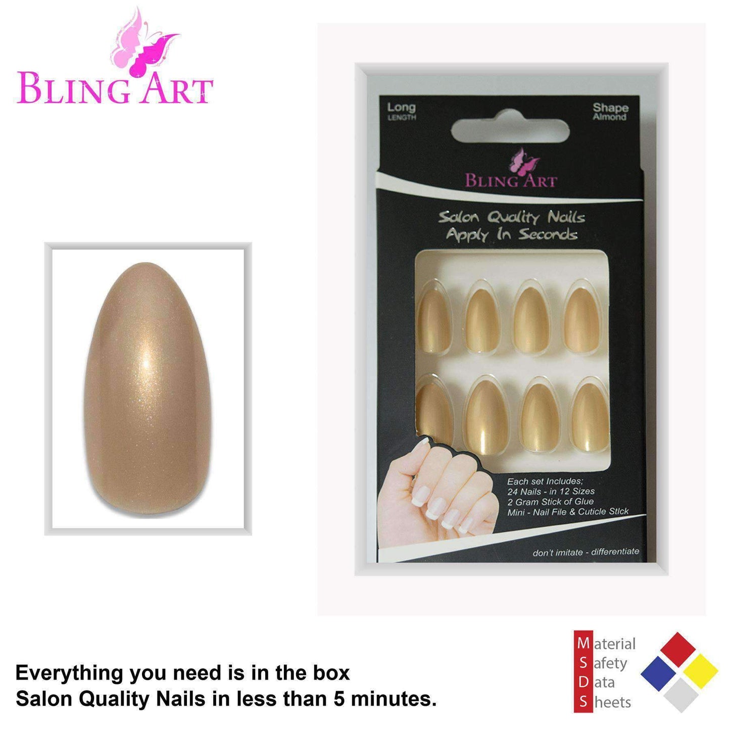 False Nails by Bling Art Gold Glitter Almond Stiletto 24 Fake Long