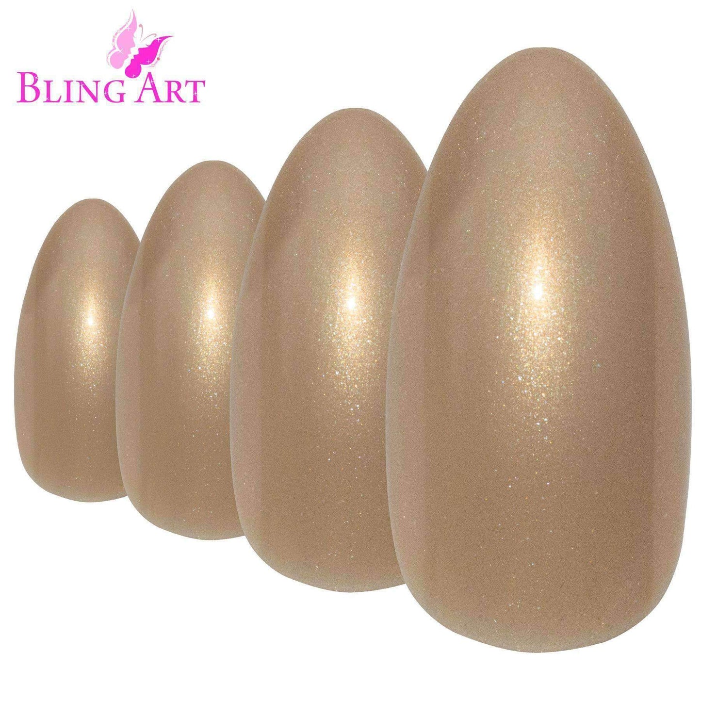 False Nails by Bling Art Gold Glitter Almond Stiletto 24 Fake Long