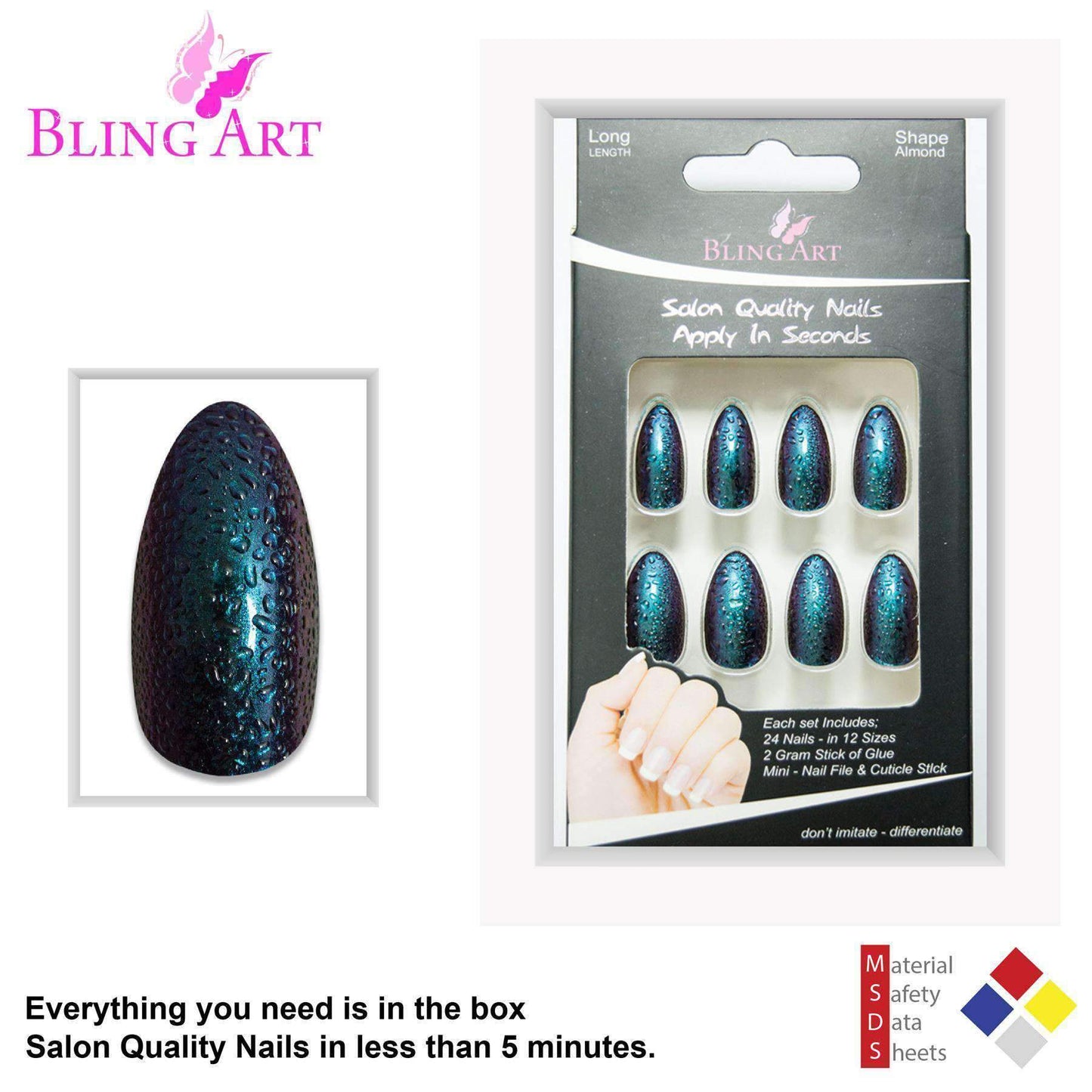 False Nails by Bling Art Green Purple Water Almond Stiletto Acrylic