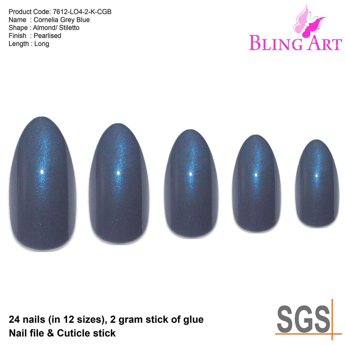 False Nails by Bling Art Grey Glitter Almond Stiletto 24 Fake Long