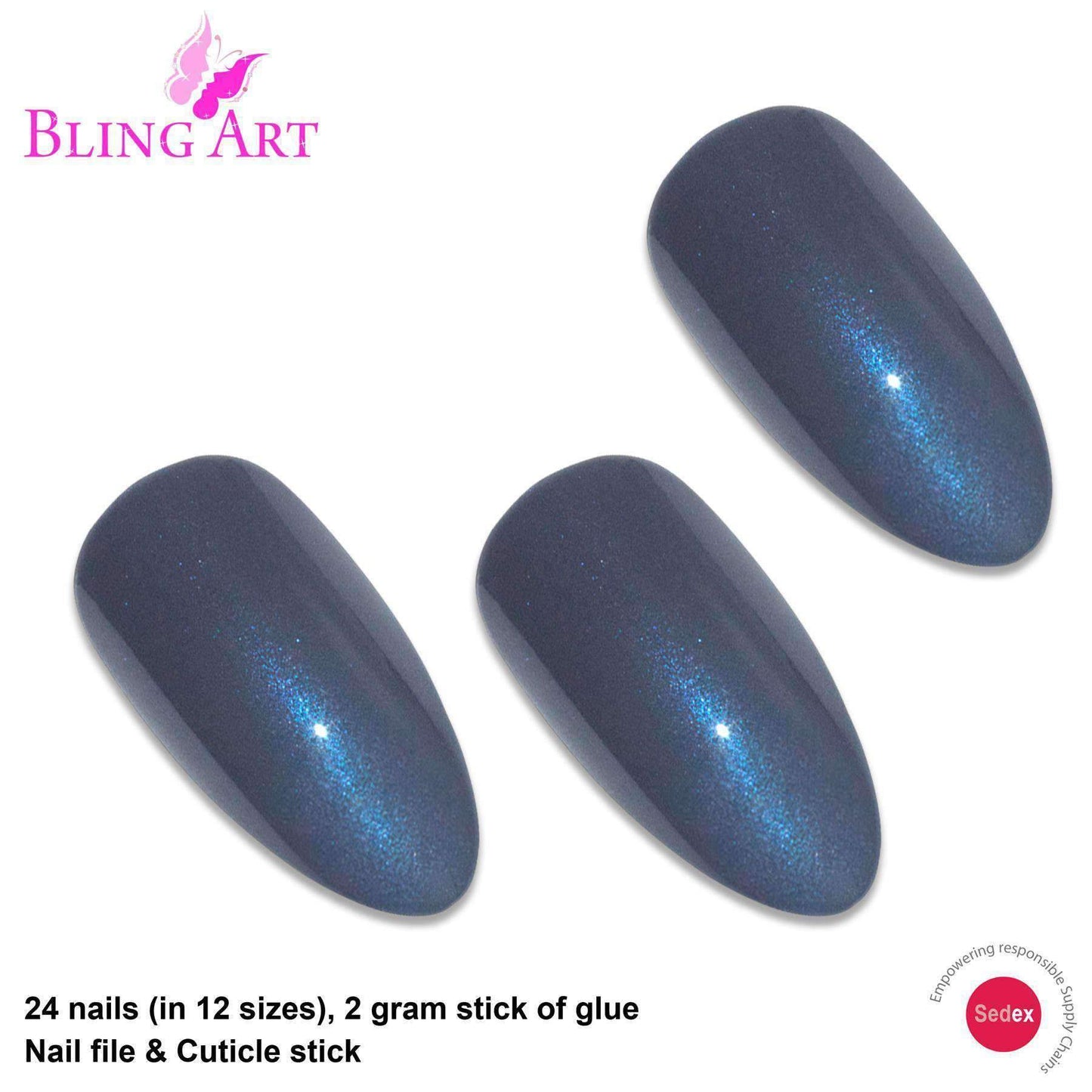 False Nails by Bling Art Grey Glitter Almond Stiletto 24 Fake Long