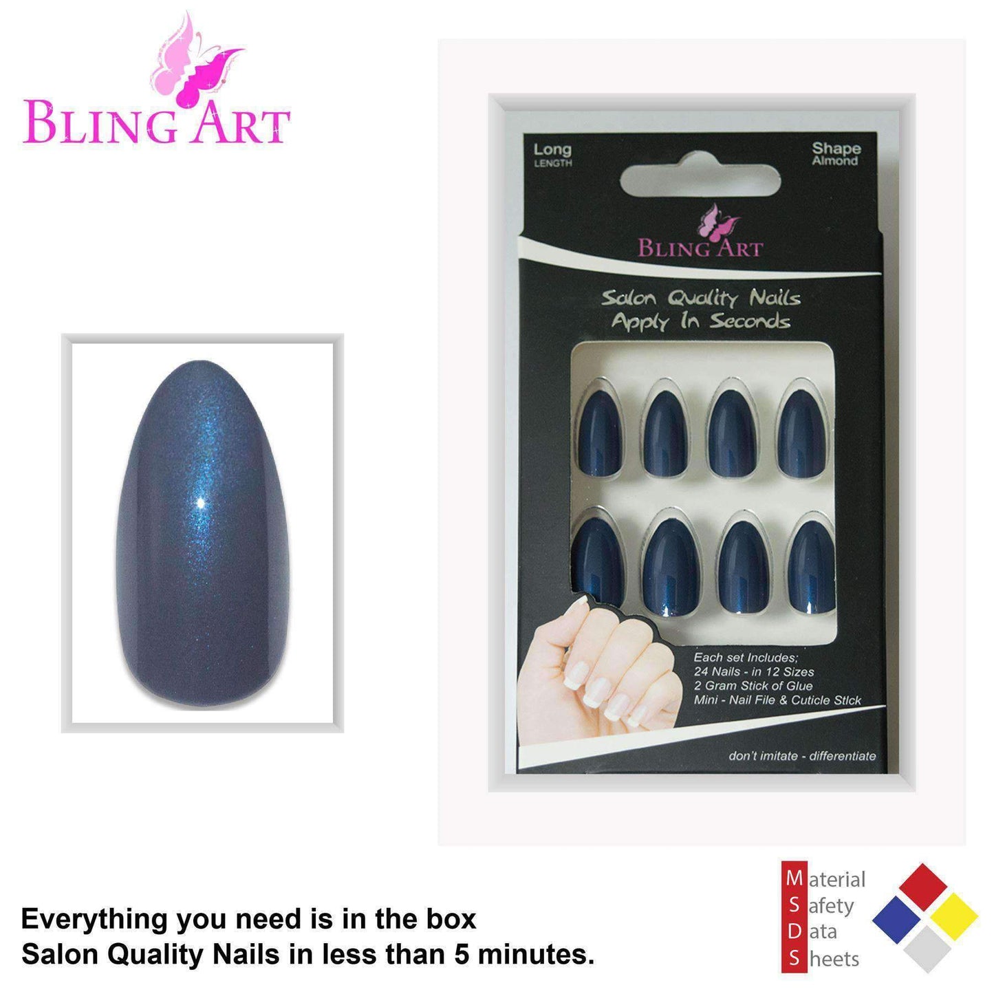 False Nails by Bling Art Grey Glitter Almond Stiletto 24 Fake Long