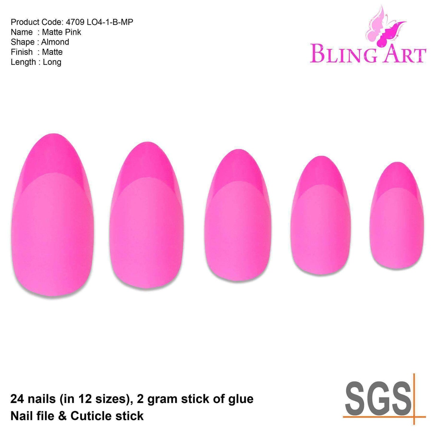 False Nails by Bling Art Matte Pink 24 Almond Stiletto Long Fake Tips