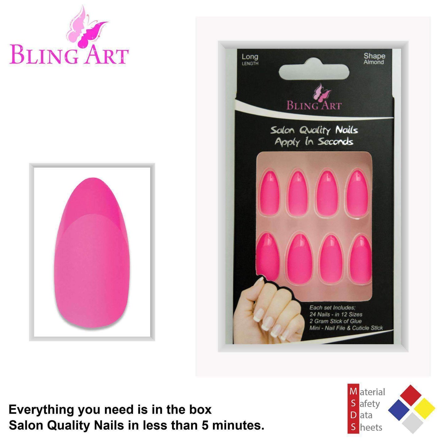 False Nails by Bling Art Matte Pink 24 Almond Stiletto Long Fake Tips