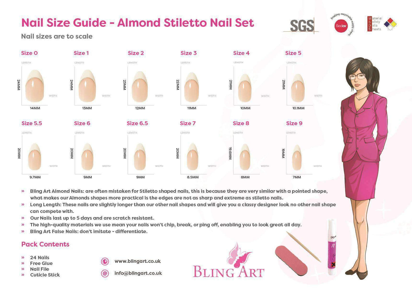 False Nails by Bling Art Matte Pink 24 Almond Stiletto Long Fake Tips