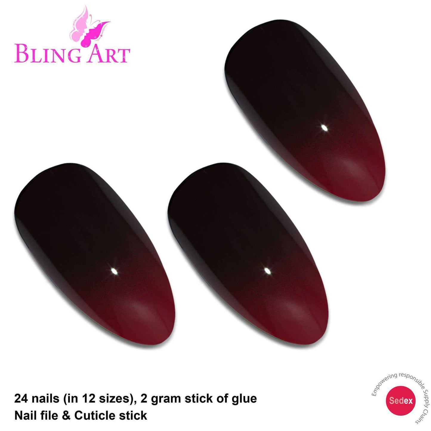 False Nails by Bling Art Red Black Almond Stiletto Acrylic 24 Fake