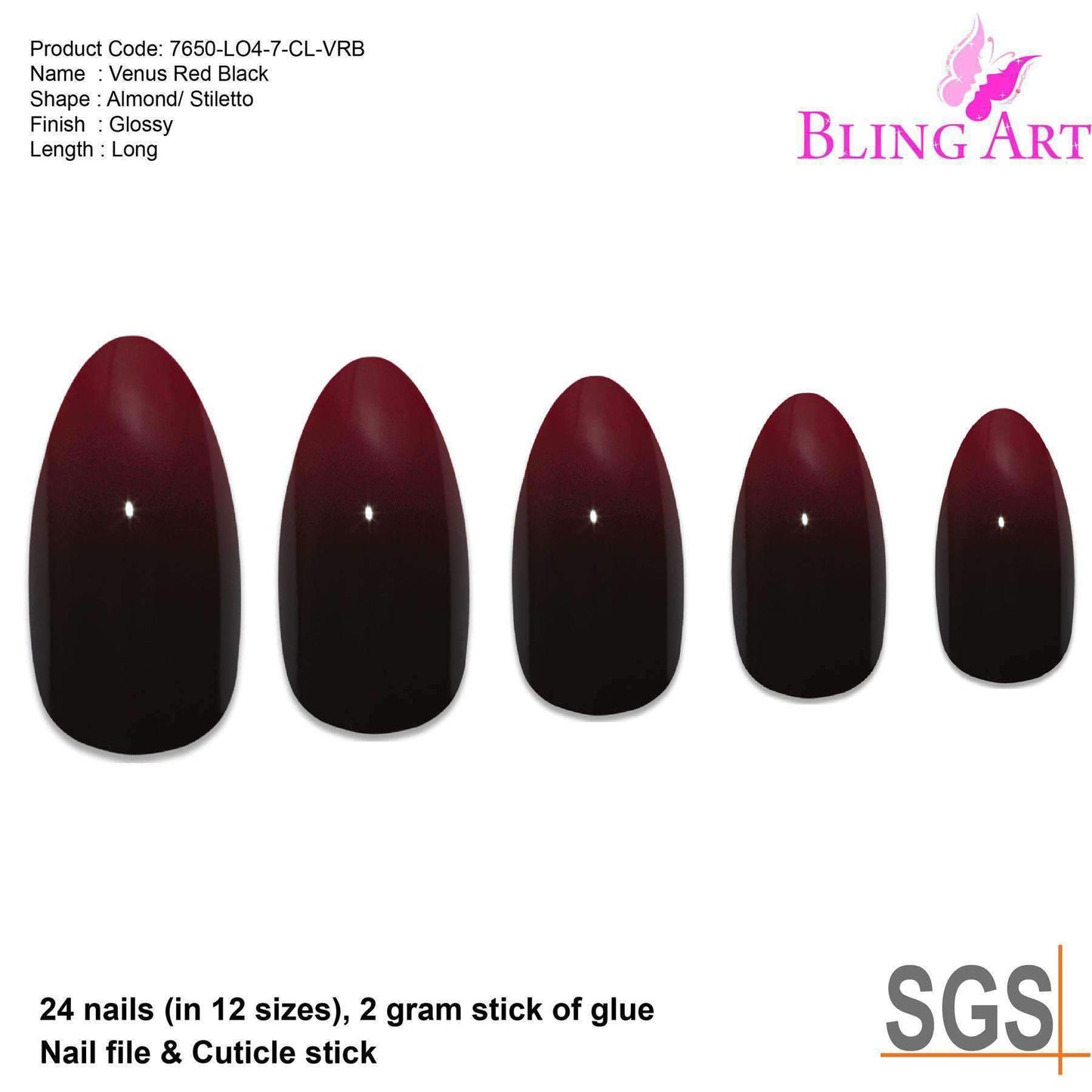 False Nails by Bling Art Red Black Almond Stiletto Acrylic 24 Fake