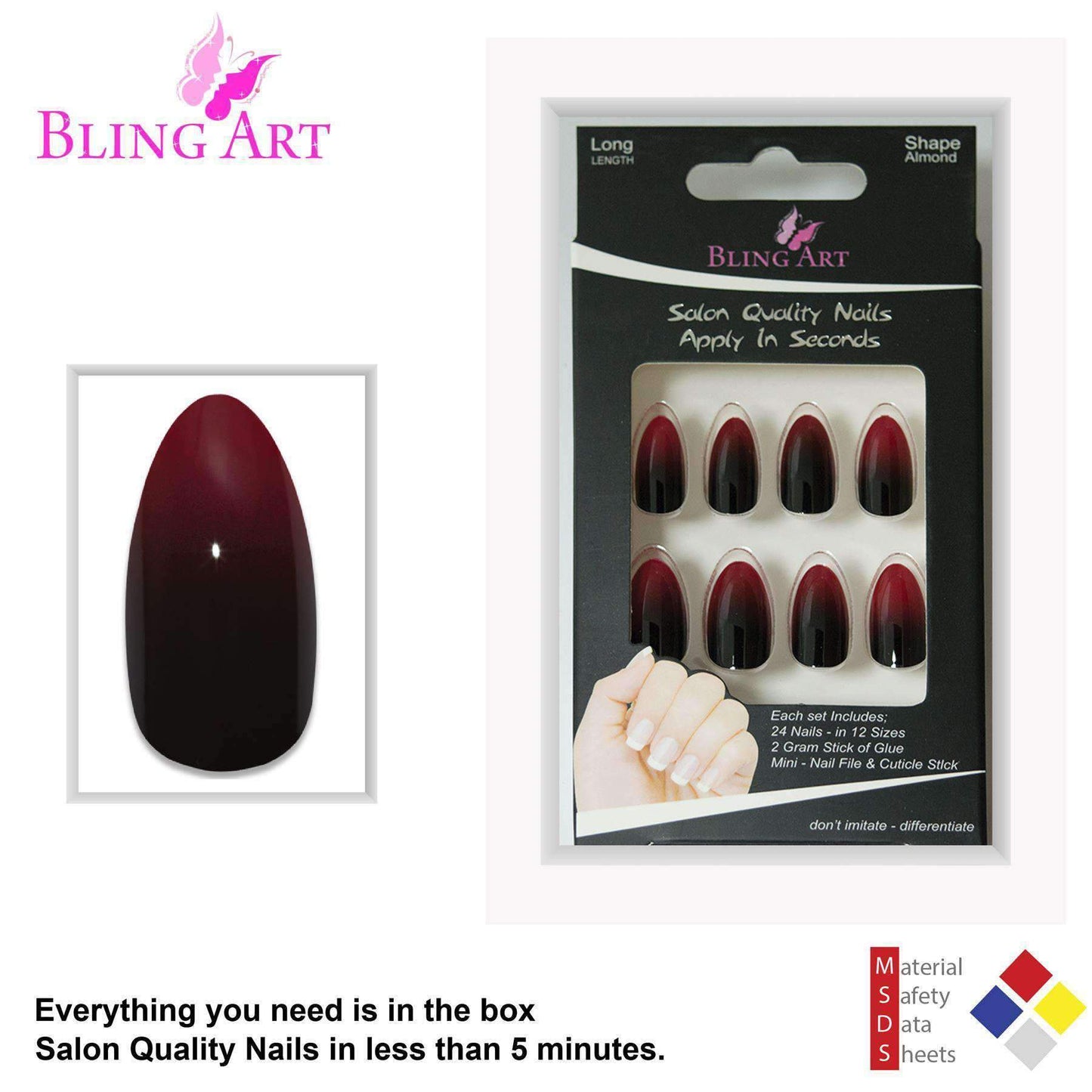 False Nails by Bling Art Red Black Almond Stiletto Acrylic 24 Fake