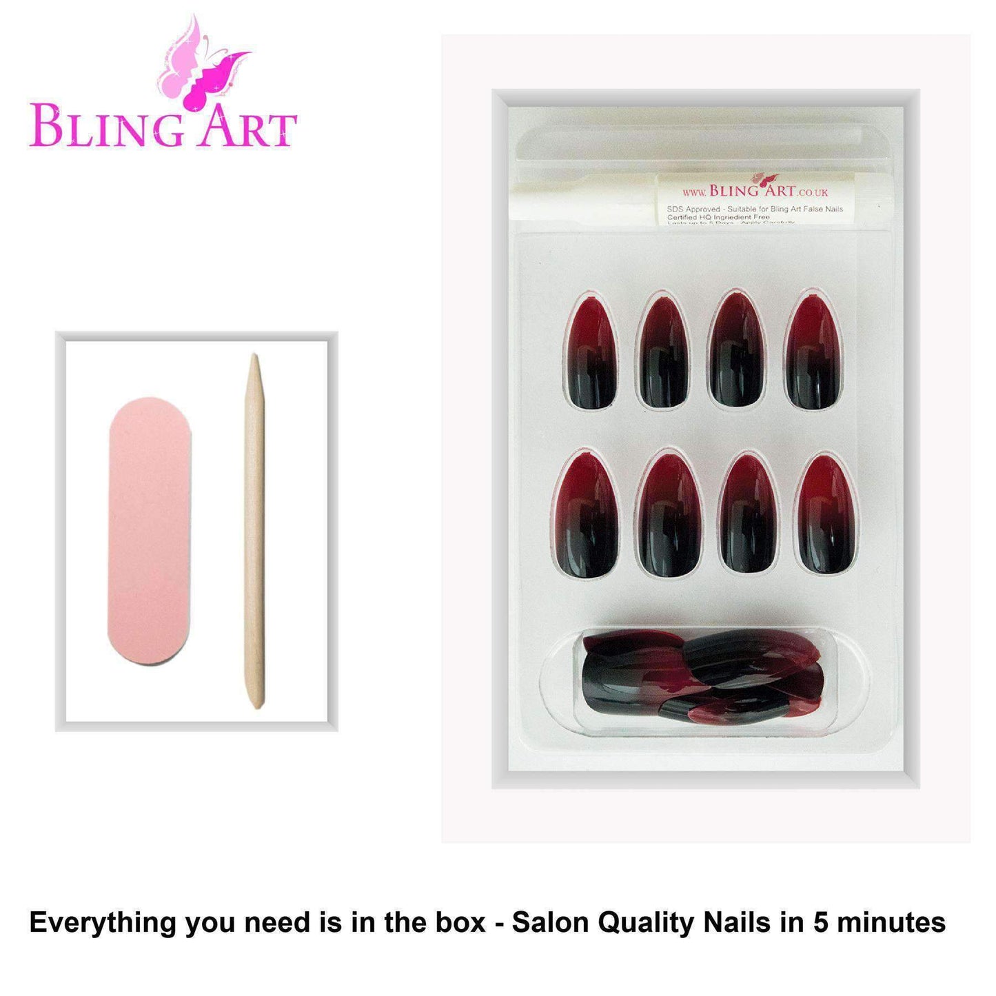 False Nails by Bling Art Red Black Almond Stiletto Acrylic 24 Fake