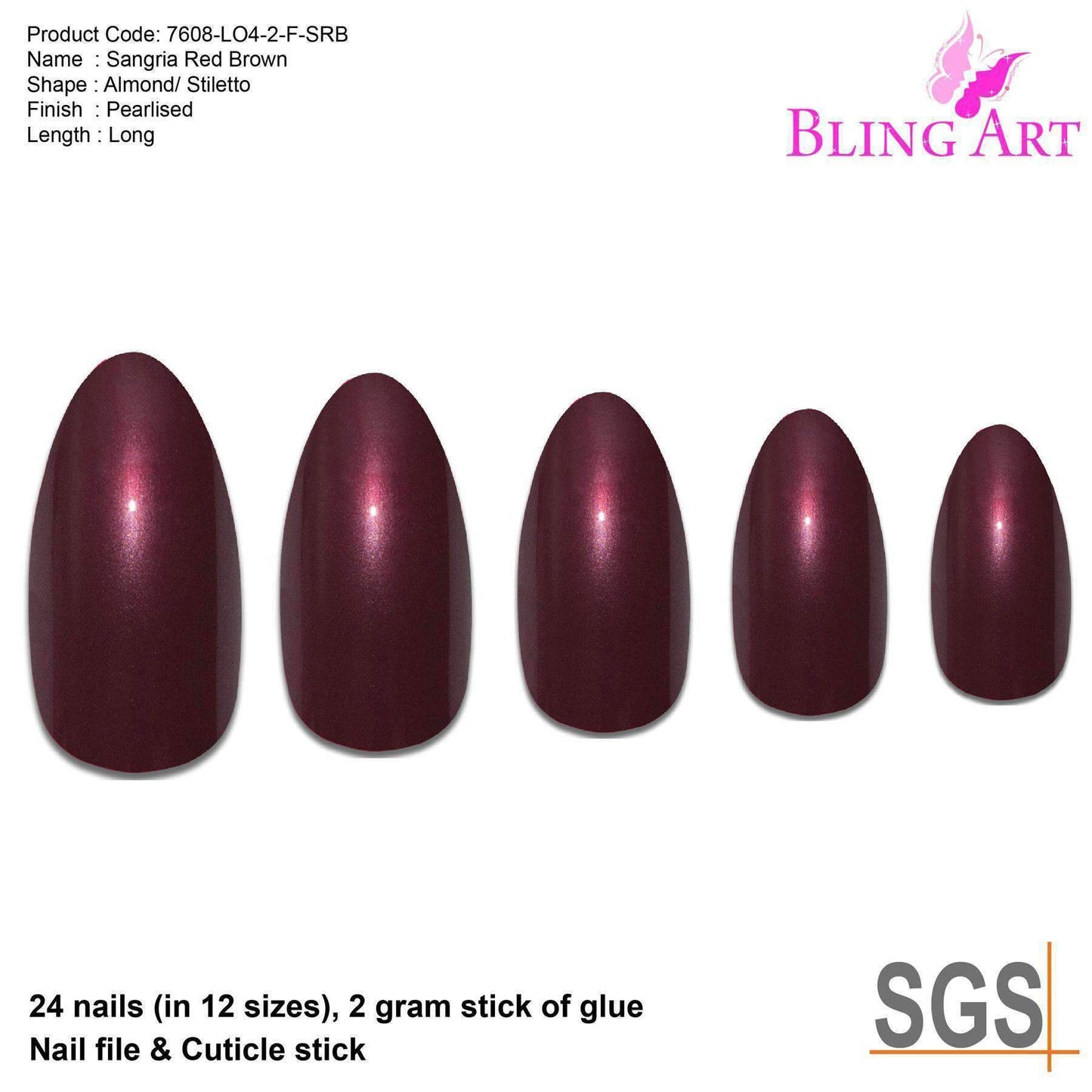 False Nails by Bling Art Red Brown Almond Stiletto Coffin 24 Fake Long