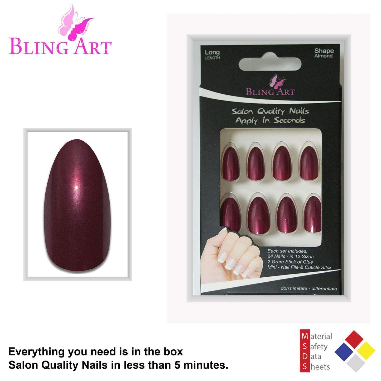 False Nails by Bling Art Red Brown Almond Stiletto Coffin 24 Fake Long