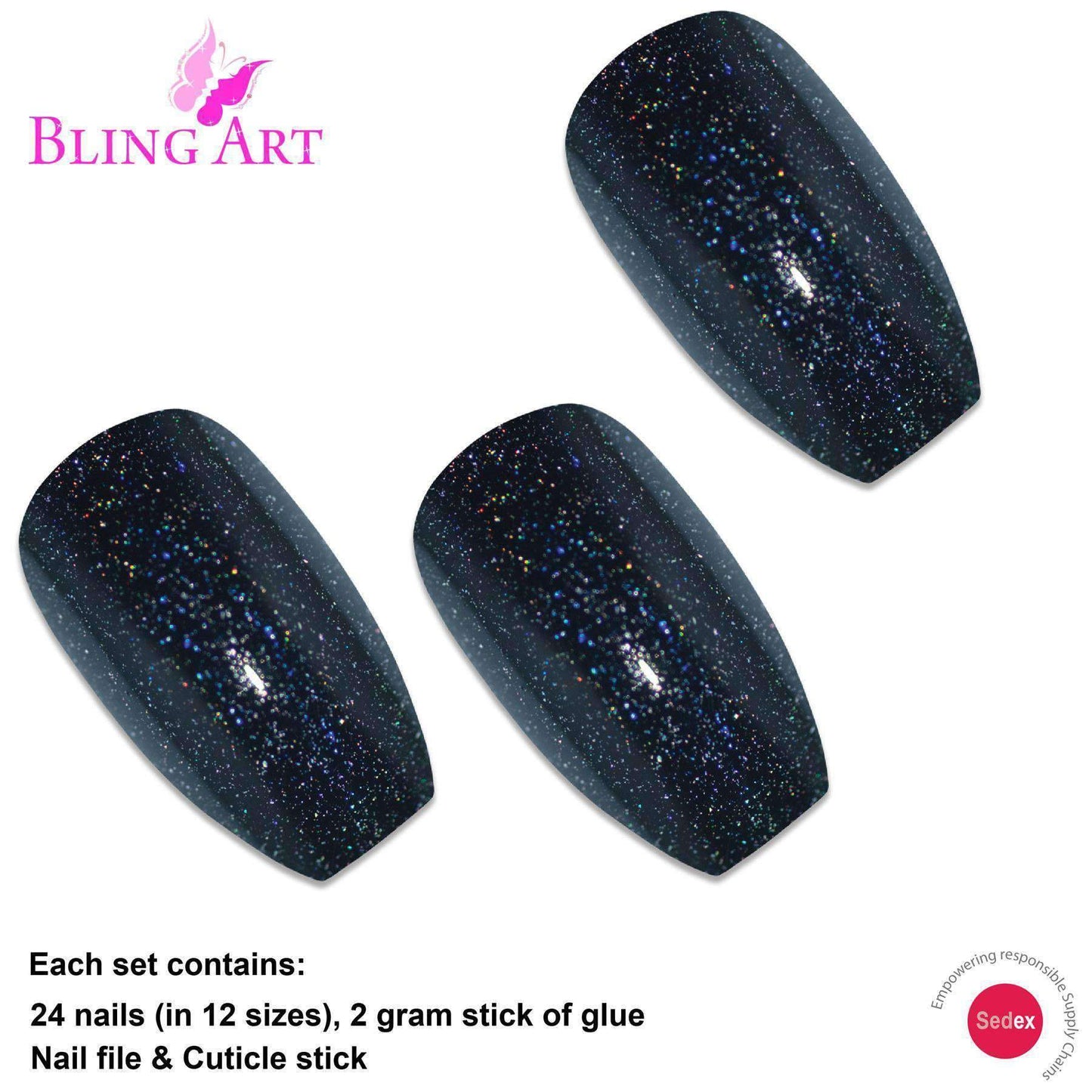 False Nails by Bling Art Black Gel Ballerina Coffin 24 Fake Long