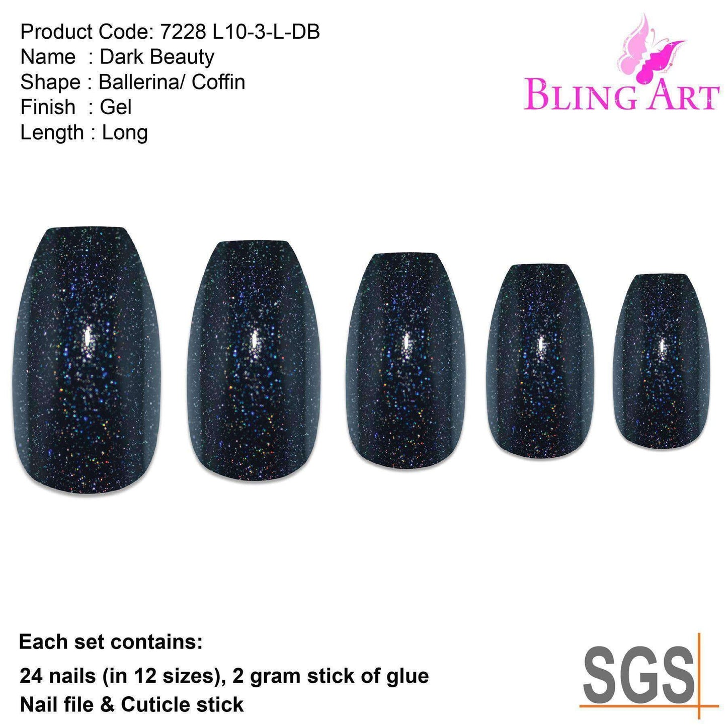 False Nails by Bling Art Black Gel Ballerina Coffin 24 Fake Long