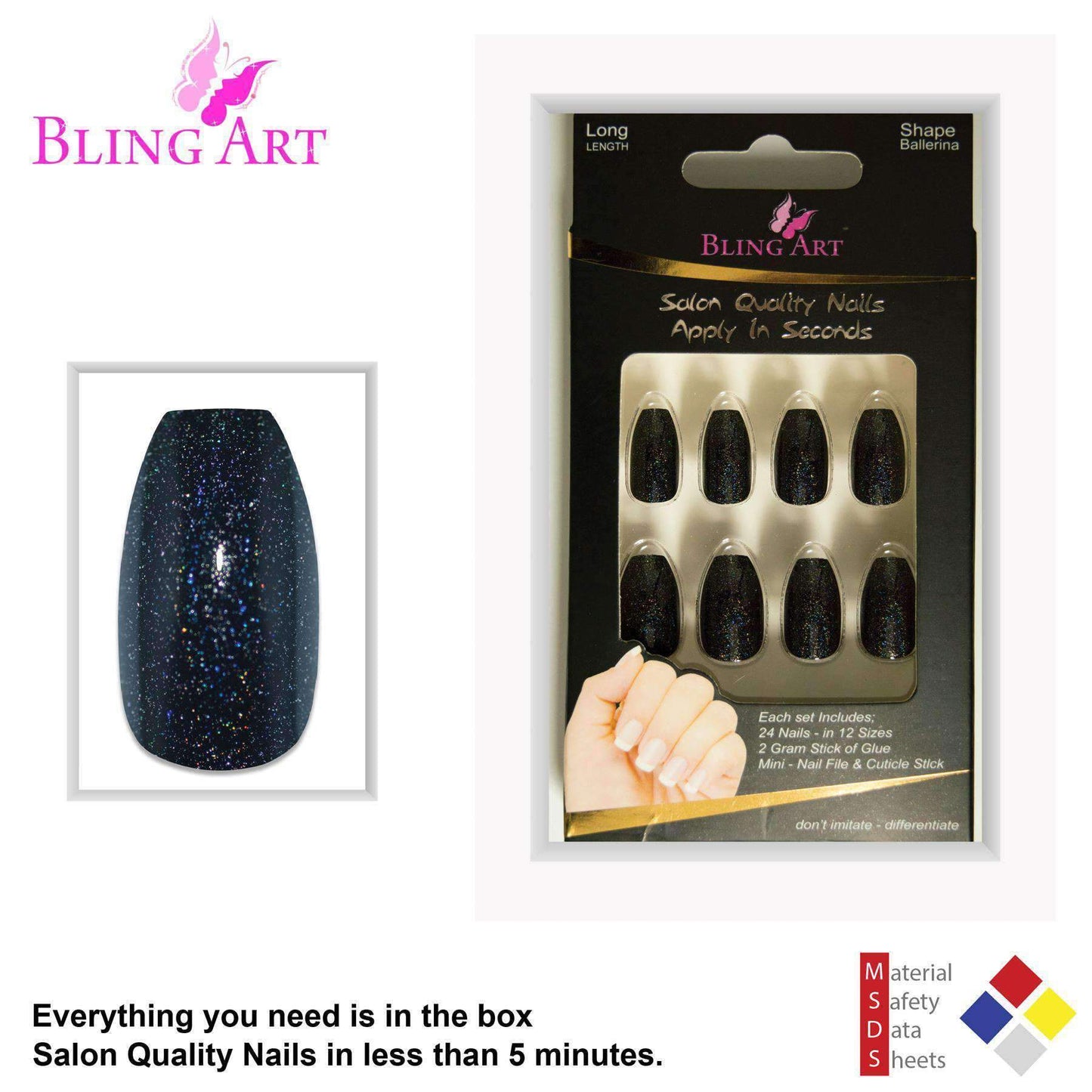 False Nails by Bling Art Black Gel Ballerina Coffin 24 Fake Long