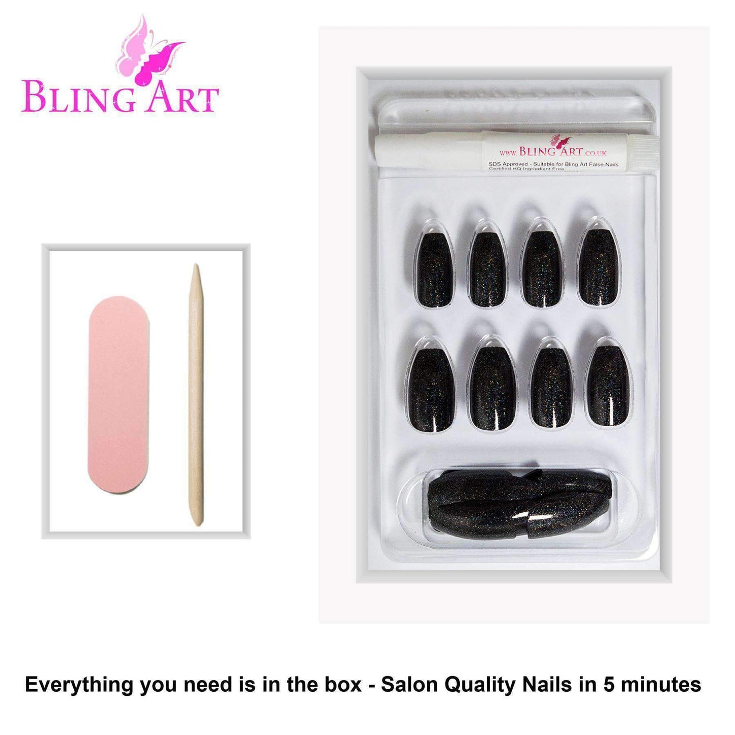 False Nails by Bling Art Black Gel Ballerina Coffin 24 Fake Long