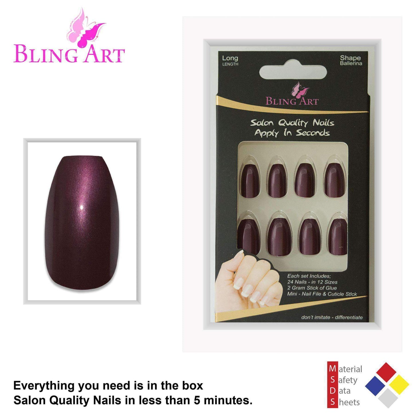 False Nails by Bling Art Brown Glitter Ballerina Coffin Fake Long