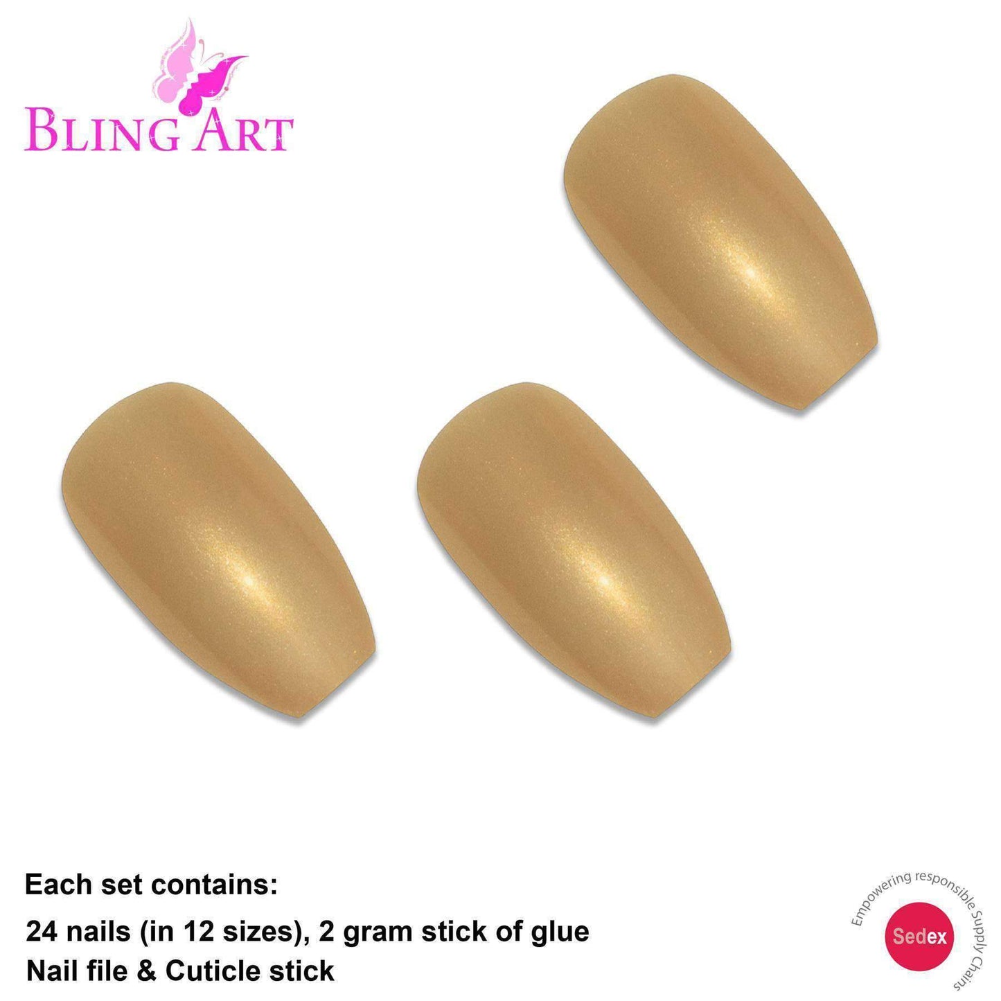 False Nails by Bling Art Gold Glitter Ballerina Coffin 24 Fake Long