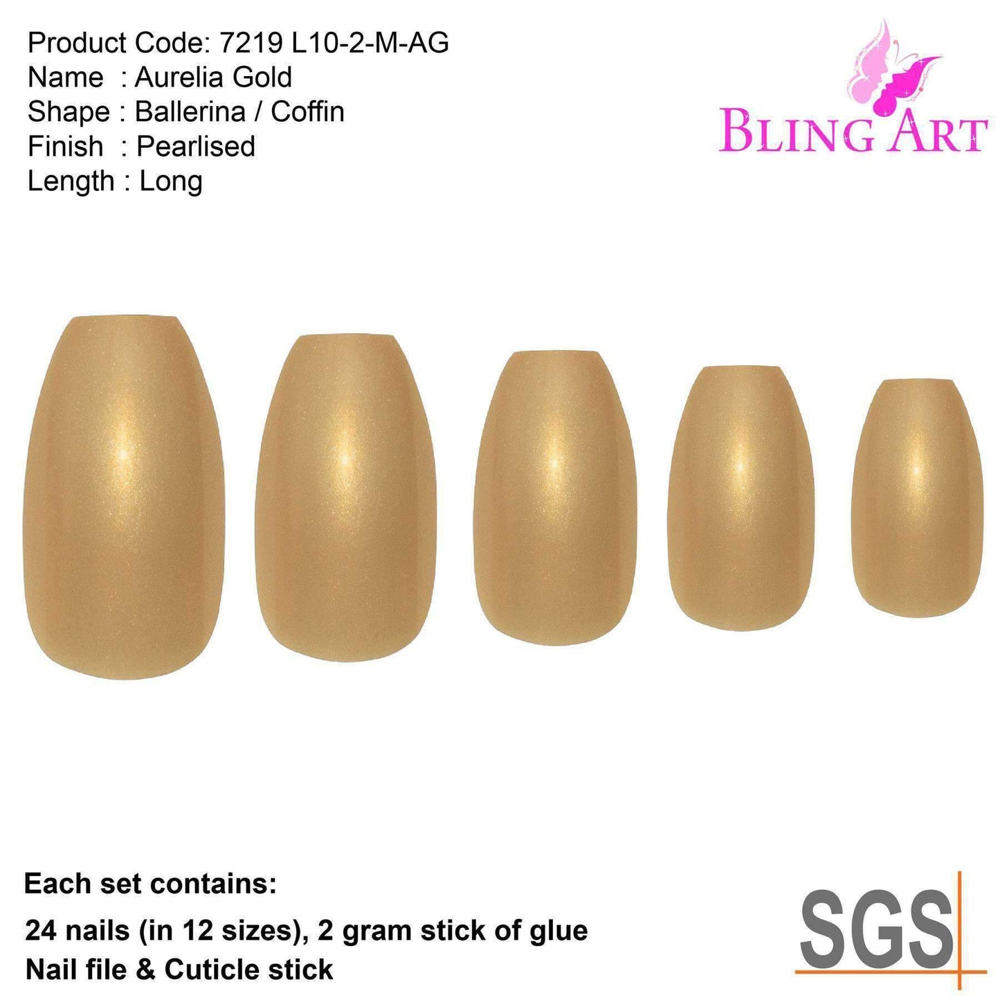 False Nails by Bling Art Gold Glitter Ballerina Coffin 24 Fake Long