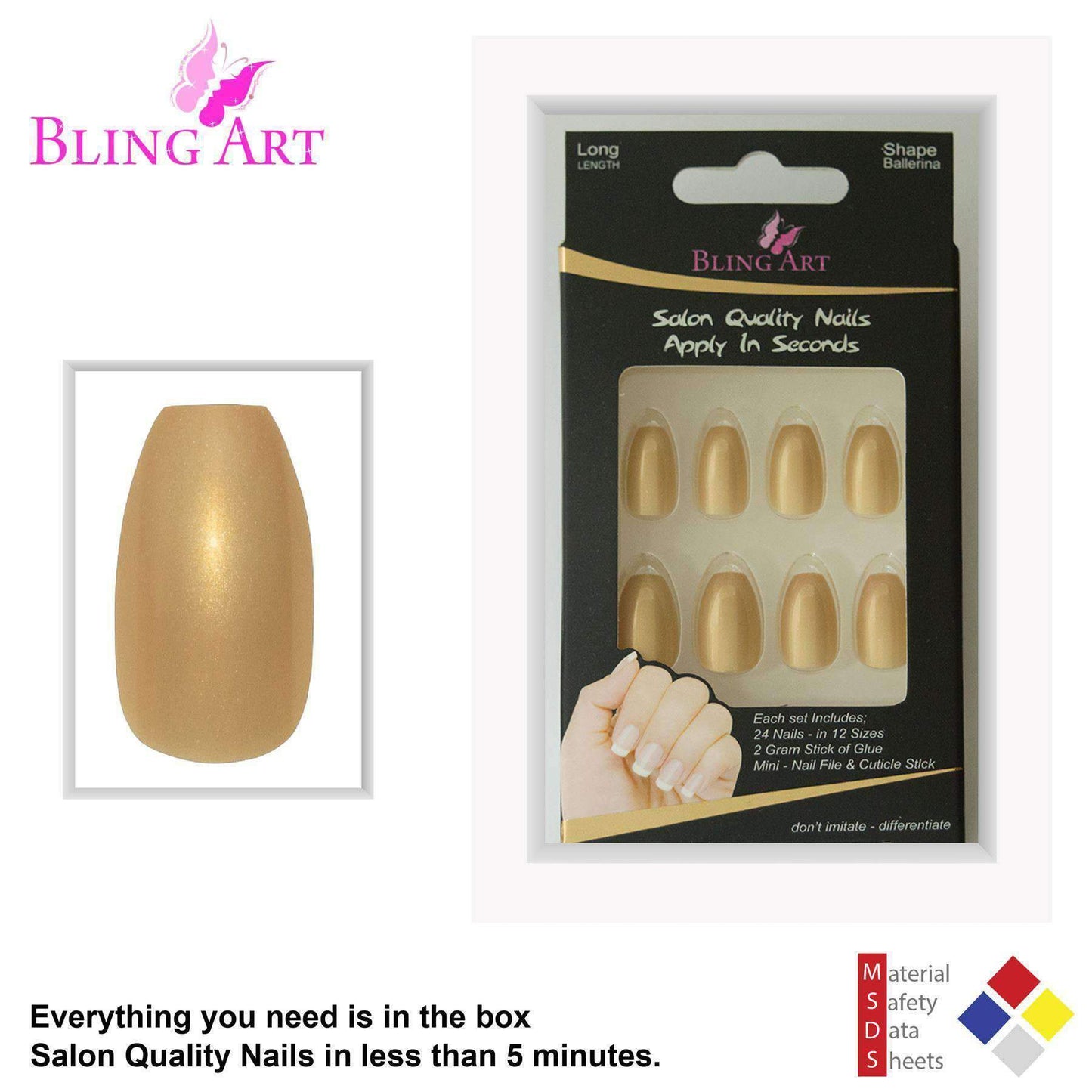 False Nails by Bling Art Gold Glitter Ballerina Coffin 24 Fake Long