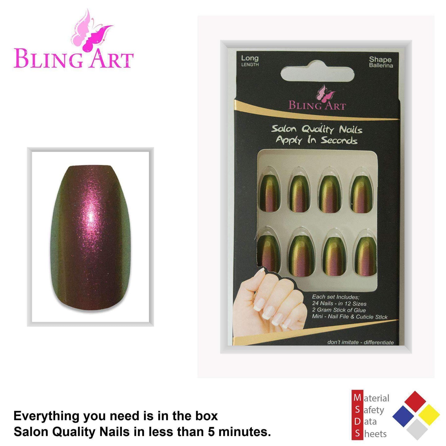 False Nails by Bling Art Gold Green Chameleon Ballerina Coffin 24 Fake